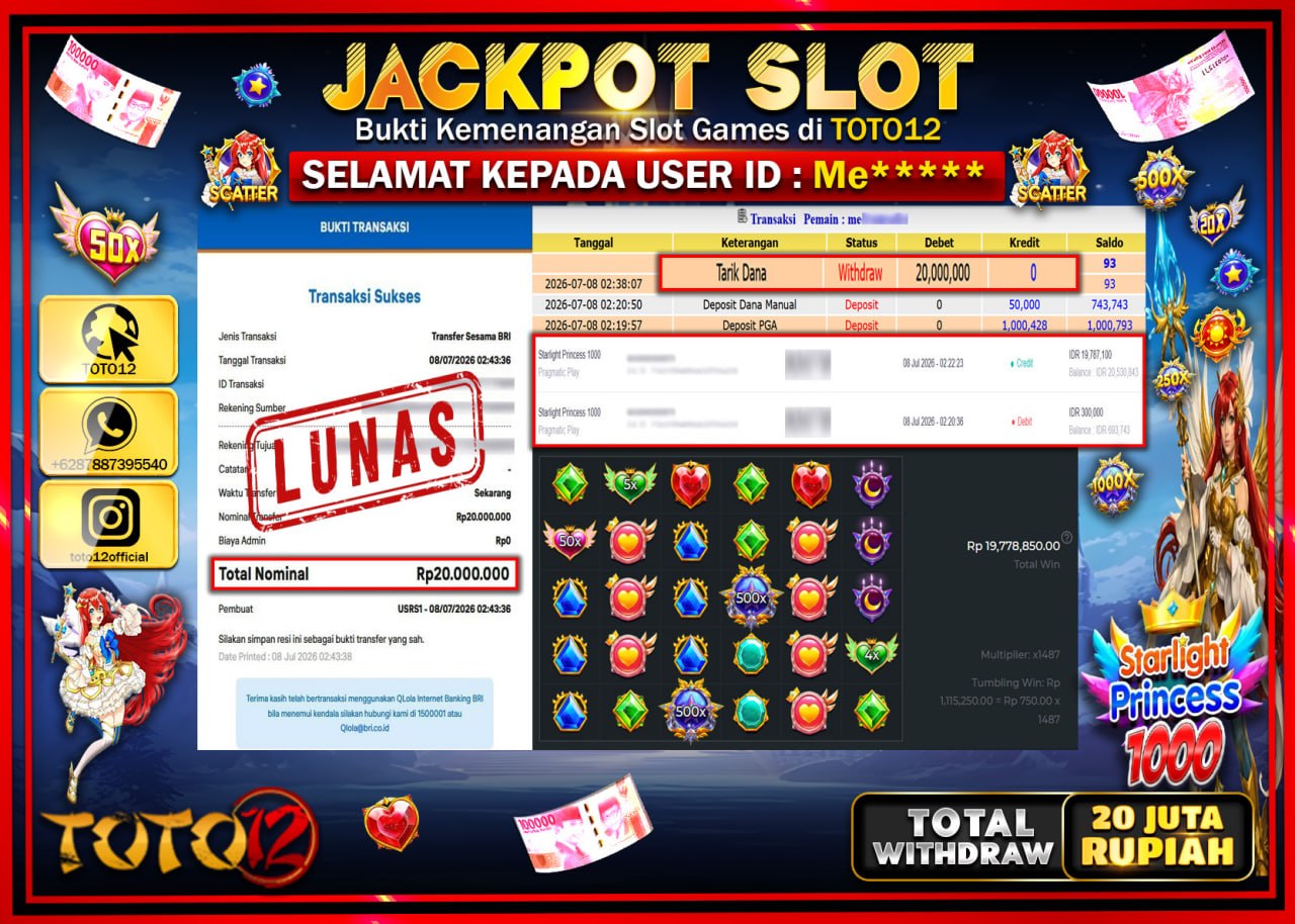 HANYA DI TOTO12 JP PASTI DI BAYAR LUNAS DAN CEPAT!!!!!! JACKPOT SLOT GAME (STARLIGHT PRINCESS 1000) Rp20.000.000!!!!