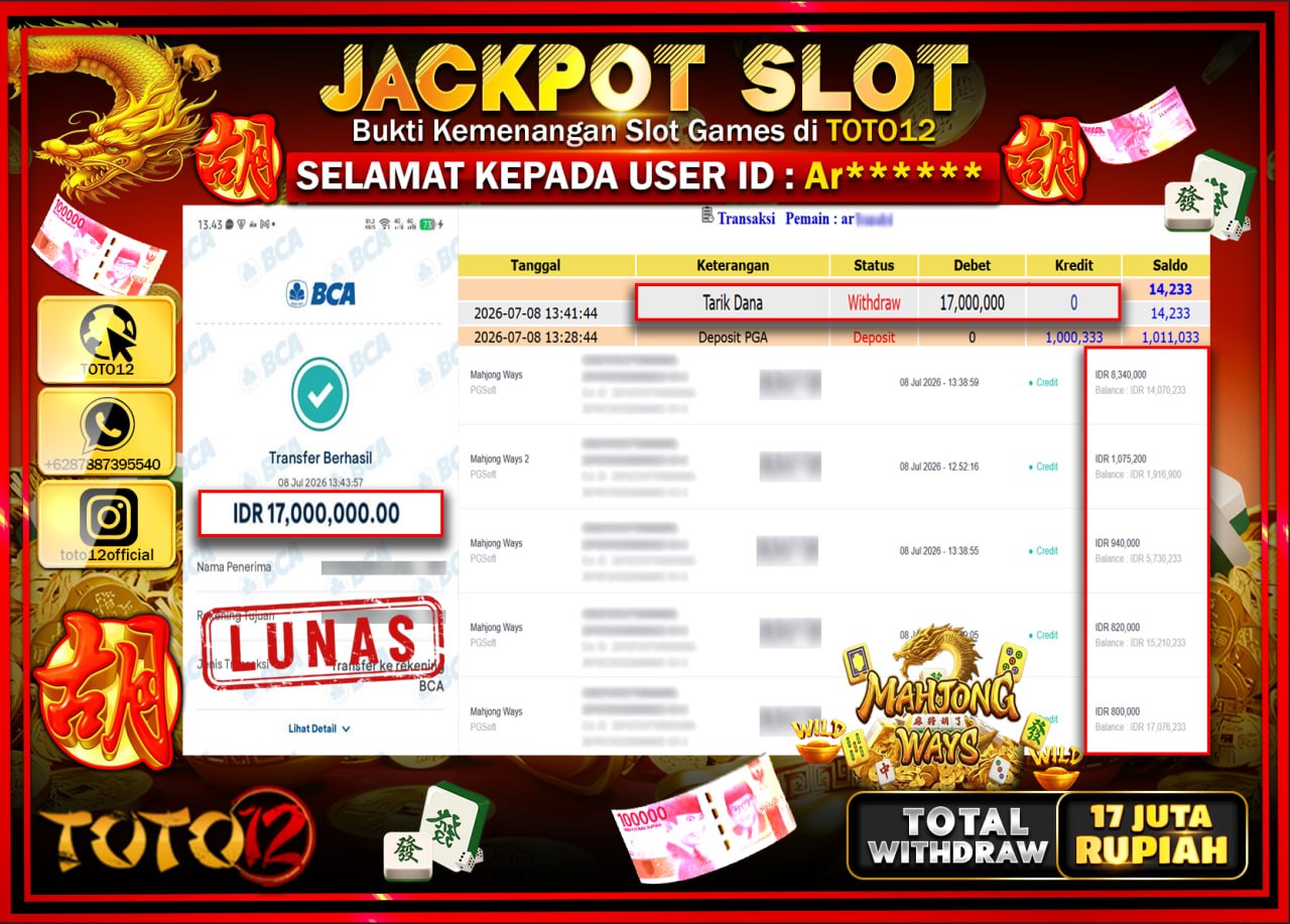 HANYA DI TOTO12 JP PASTI DI BAYAR LUNAS DAN CEPAT!!!!!! JACKPOT SLOT GAME (MAHJONG WAYS) Rp17.000.000!!!!