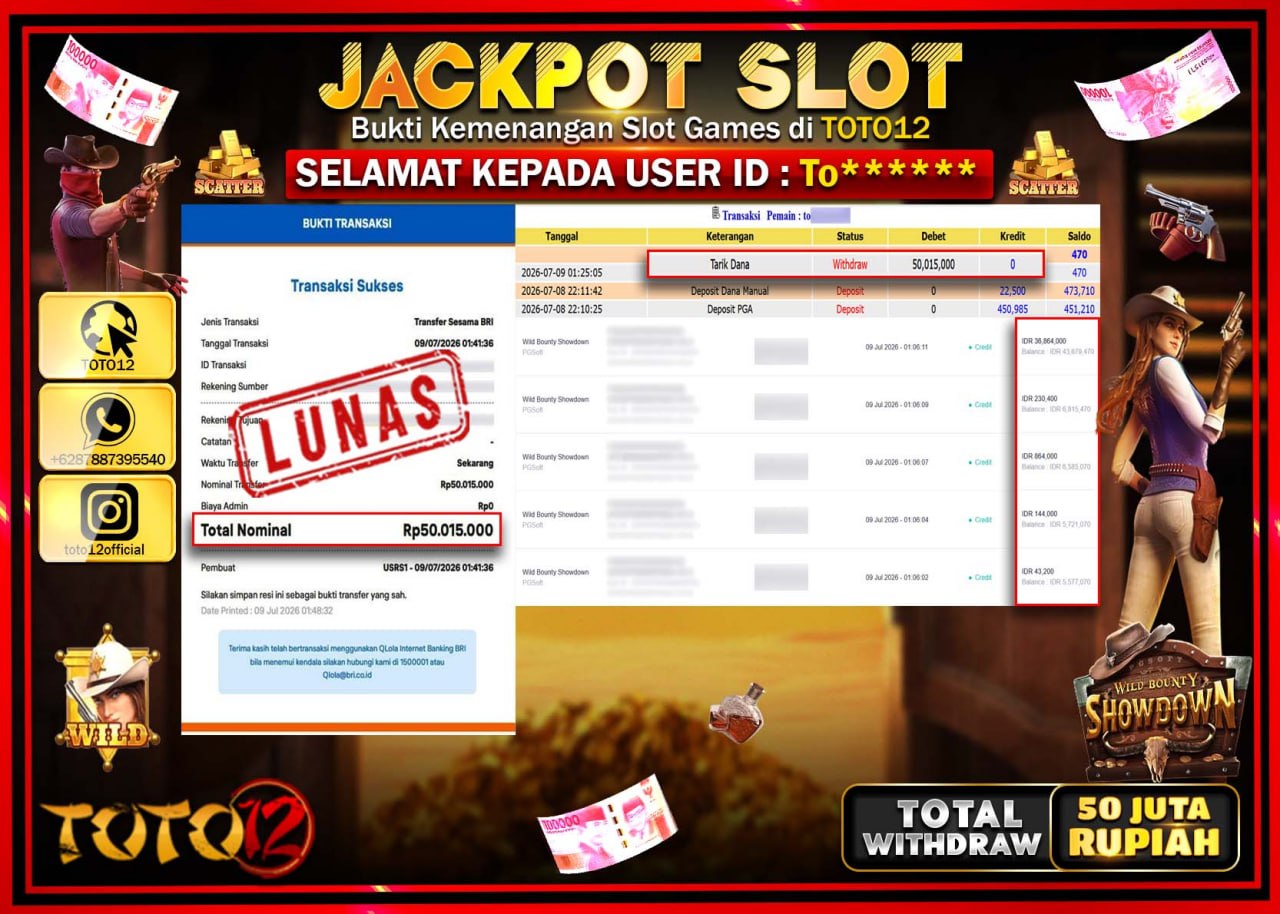 HANYA DI TOTO12 JP PASTI DI BAYAR LUNAS DAN CEPAT!!!!!! JACKPOT SLOT GAME (WILD BOUNTY SHOWDOWN) Rp50.015.000!!!!