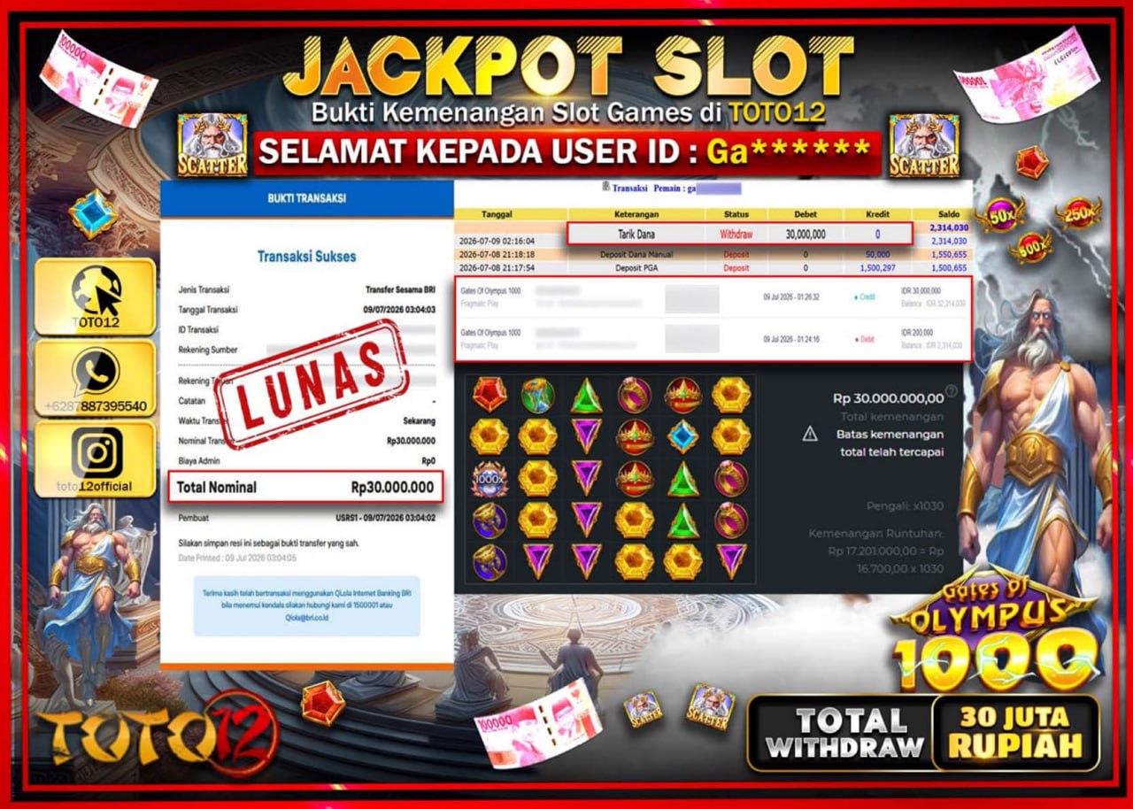 HANYA DI TOTO12 JP PASTI DI BAYAR LUNAS DAN CEPAT!!!!!! JACKPOT SLOT GAME (GATES OF OLYMPUS 1000) Rp30.000.000!!!!