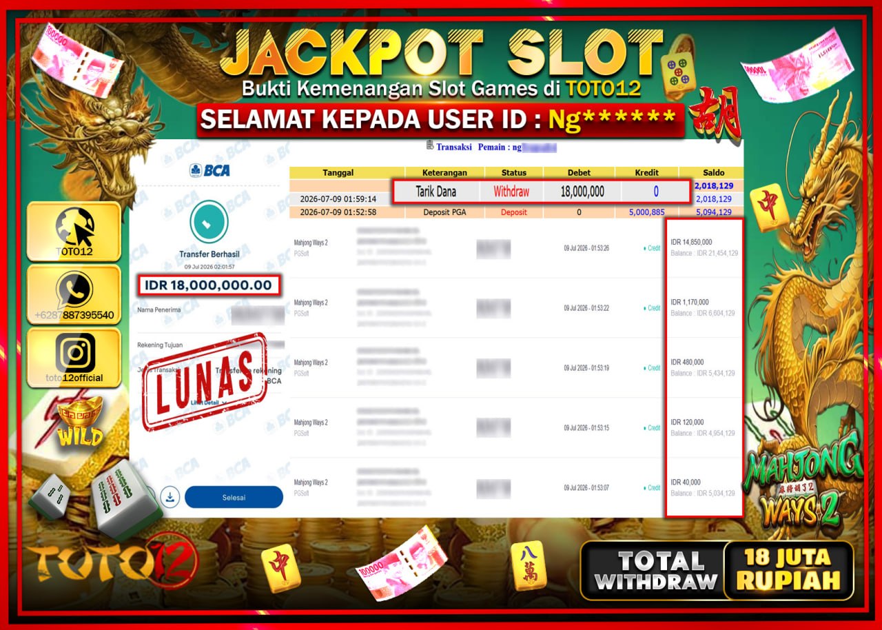 HANYA DI TOTO12 JP PASTI DI BAYAR LUNAS DAN CEPAT!!!!!! JACKPOT SLOT GAME (MAHJONG WAYS 2) Rp18.000.000!!!!
