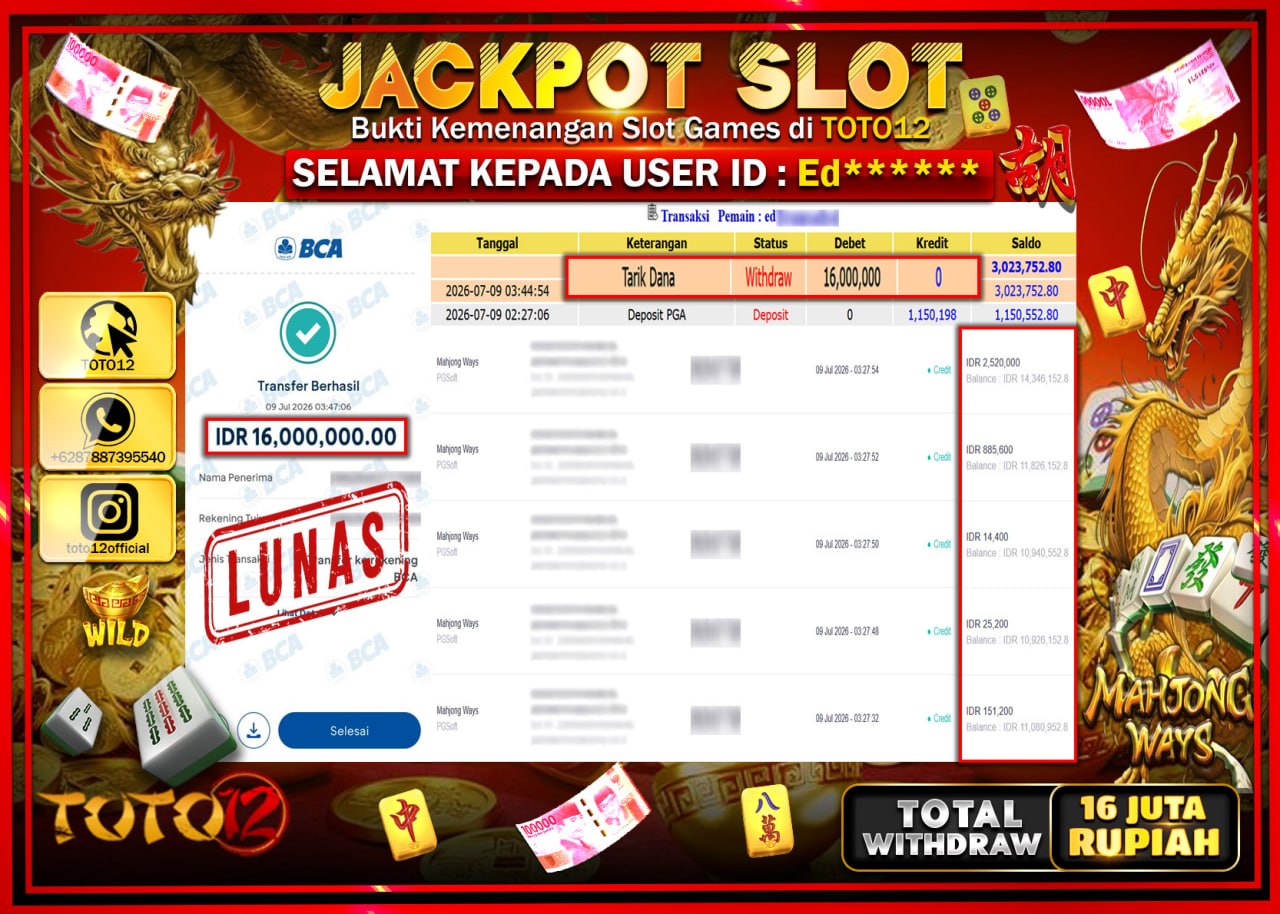 HANYA DI TOTO12 JP PASTI DI BAYAR LUNAS DAN CEPAT!!!!!! JACKPOT SLOT GAME (MAHJONG WAYS) Rp16.000.000!!!!