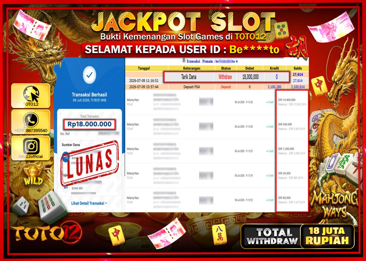 HANYA DI TOTO12 JP PASTI DI BAYAR LUNAS DAN CEPAT!!!!!! JACKPOT SLOT GAME (MAHJONG WAYS) Rp18.000.000!!!!