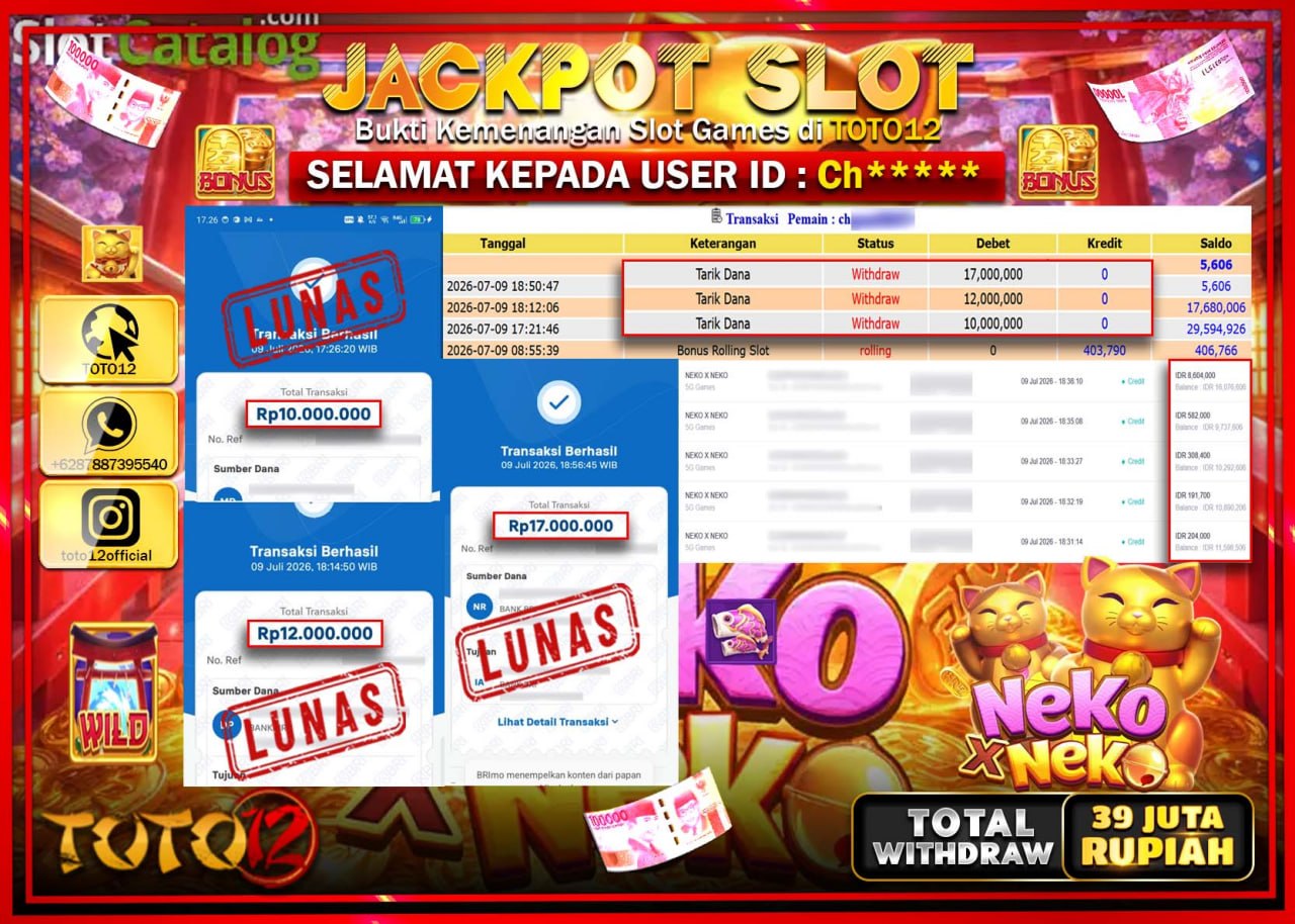 HANYA DI TOTO12 JP PASTI DI BAYAR LUNAS DAN CEPAT!!!!!! JACKPOT SLOT GAME (NEKO X NEKO) Rp39.000.000!!!!