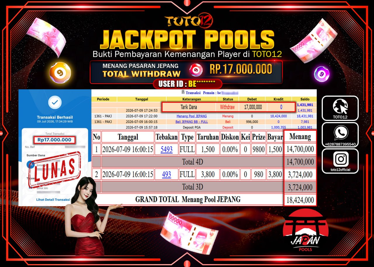HANYA DI TOTO12 JP PASTI DI BAYAR LUNAS DAN CEPAT!!!!!! JACKPOT POOLS PASARAN (JEPANG) Rp17.000.000!!!!