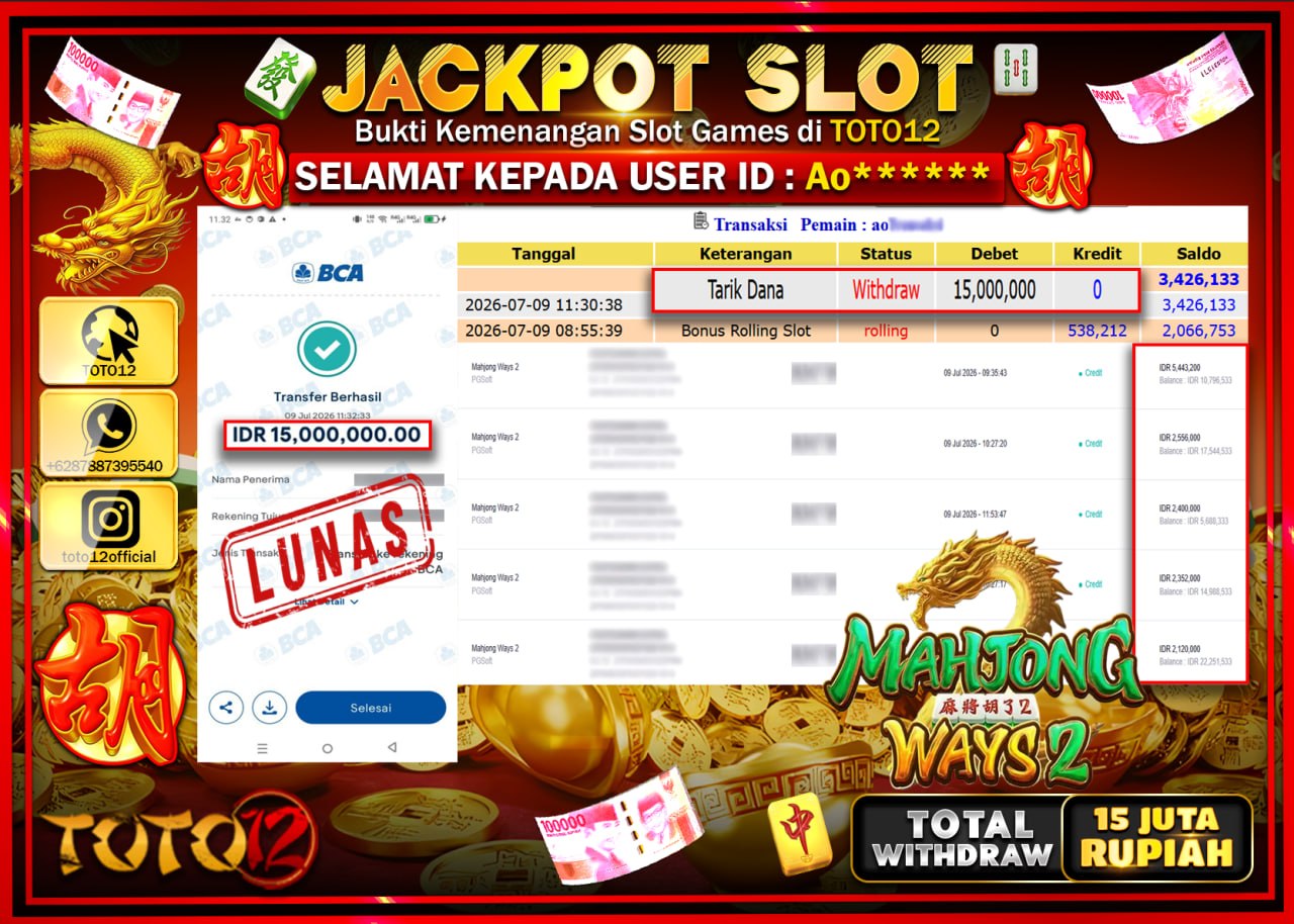 HANYA DI TOTO12 JP PASTI DI BAYAR LUNAS DAN CEPAT!!!!!! JACKPOT SLOT GAME (MAHJONG WAYS 2) Rp15.000.000!!!!