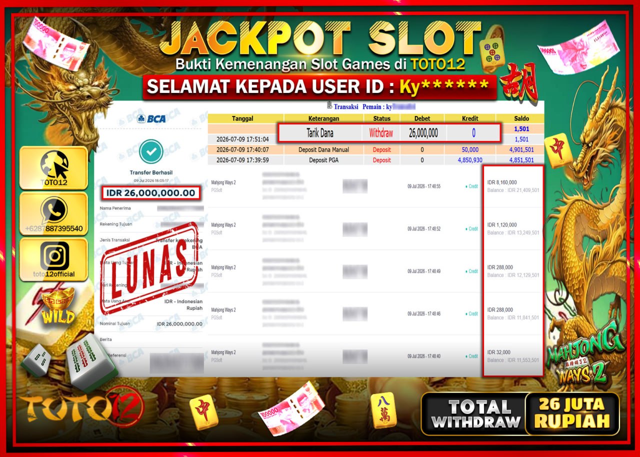 HANYA DI TOTO12 JP PASTI DI BAYAR LUNAS DAN CEPAT!!!!!! JACKPOT SLOT GAME (MAHJONG WAYS 2) Rp26.000.000!!!!