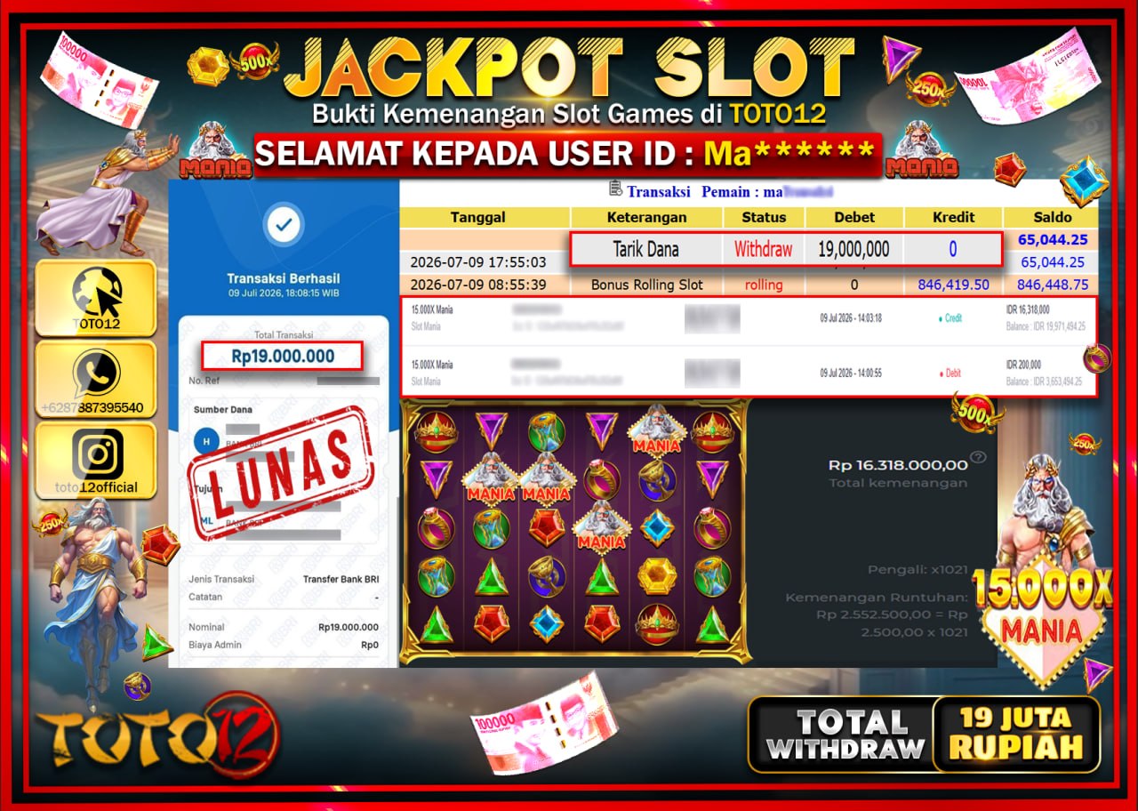 HANYA DI TOTO12 JP PASTI DI BAYAR LUNAS DAN CEPAT!!!!!! JACKPOT SLOT GAME (15.000 x MANIA) Rp19.000.000!!!!