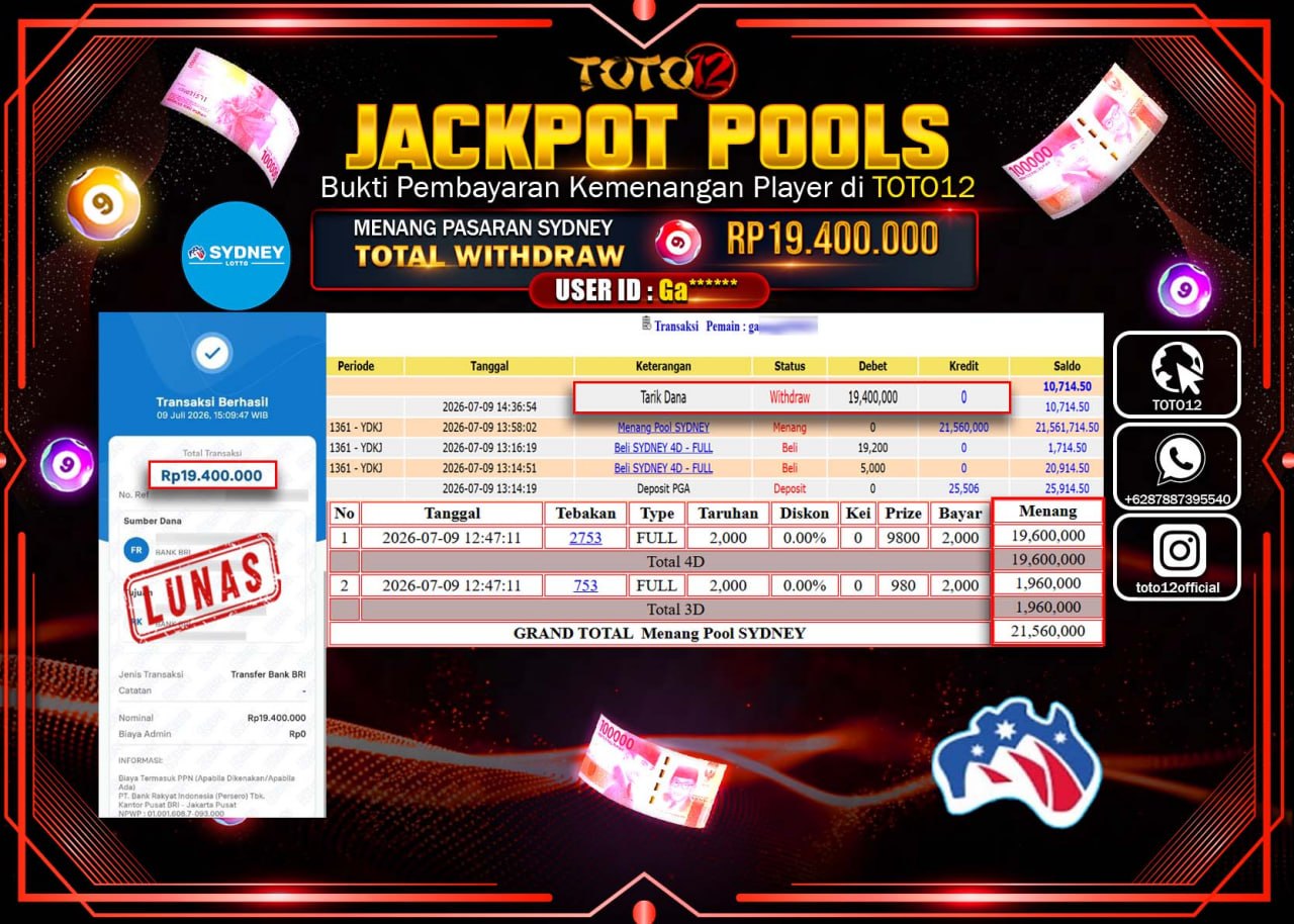 HANYA DI TOTO12 JP PASTI DI BAYAR LUNAS DAN CEPAT!!!!!! JACKPOT POOLS PASARAN (SYDNEY) Rp19.400.000!!!!