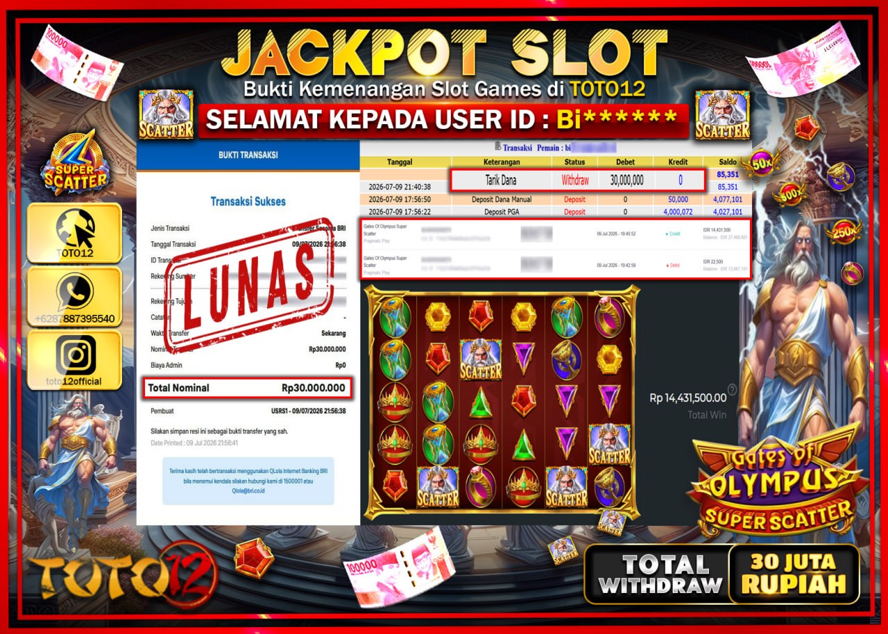 HANYA DI TOTO12 JP PASTI DI BAYAR LUNAS DAN CEPAT!!!!!! JACKPOT SLOT GAME (GATES OF OLMYPUS SUPER SCATTER) Rp30.000.000!!!!