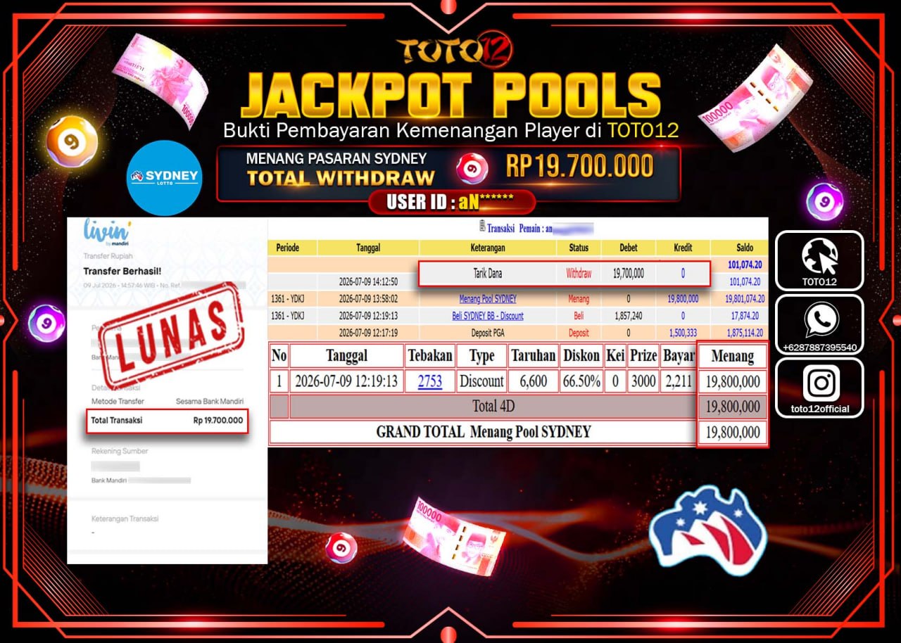 HANYA DI TOTO12 JP PASTI DI BAYAR LUNAS DAN CEPAT!!!!!! JACKPOT POOLS PASARAN (SYDNEY) Rp19.700.000!!!!
