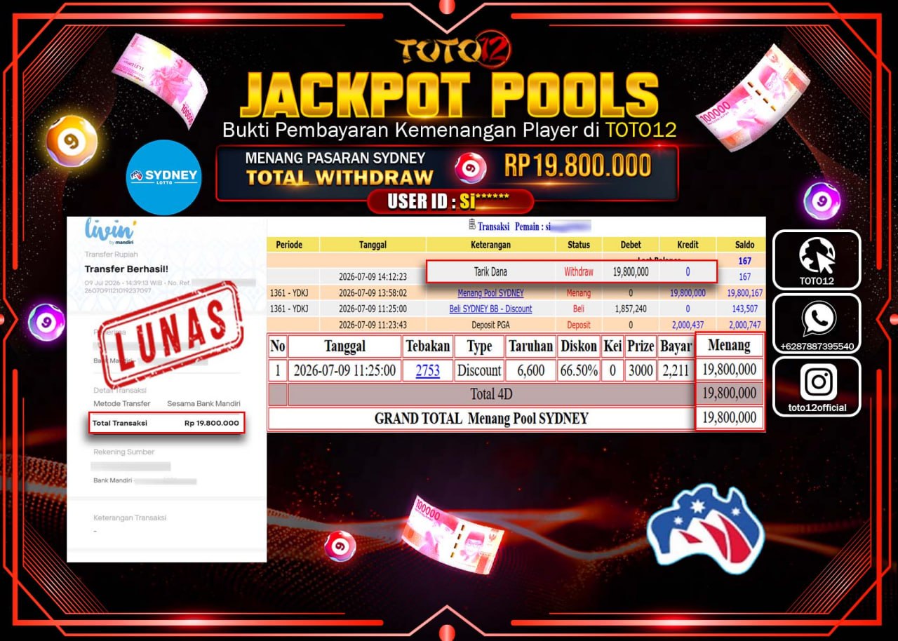 HANYA DI TOTO12 JP PASTI DI BAYAR LUNAS DAN CEPAT!!!!!! JACKPOT POOLS PASARAN (SYDNEY) Rp19.800.000!!!!