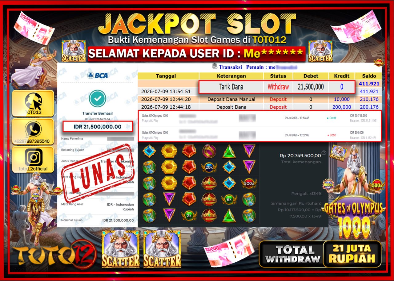 HANYA DI TOTO12 JP PASTI DI BAYAR LUNAS DAN CEPAT!!!!!! JACKPOT SLOT GAME (GATES OF OLYMPUS 1000) Rp21.500.000!!!!