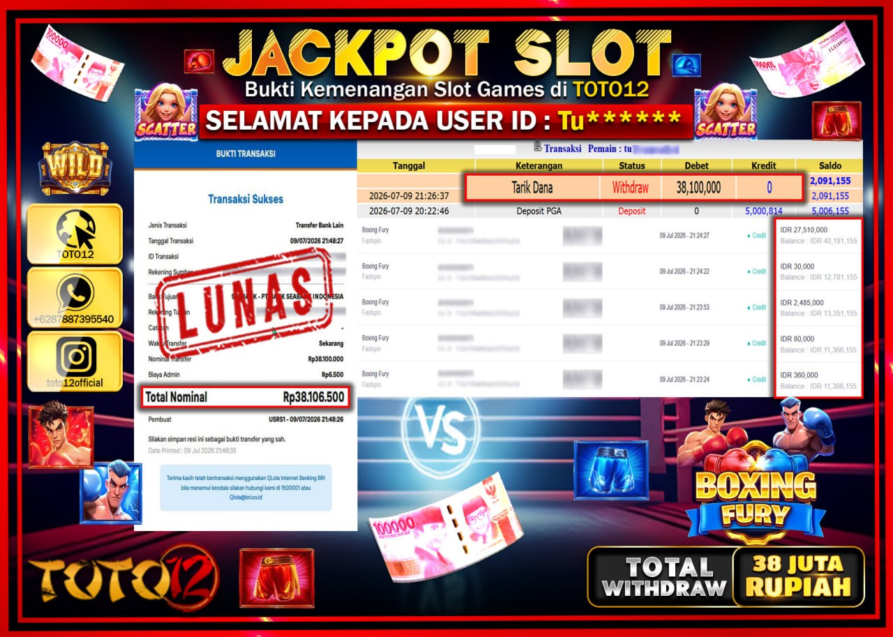 HANYA DI TOTO12 JP PASTI DI BAYAR LUNAS DAN CEPAT!!!!!! JACKPOT SLOT GAME (BOXING FURY) Rp38.100.000!!!!