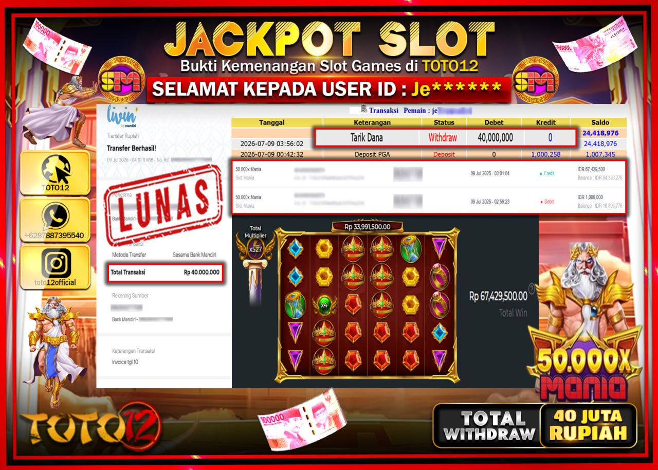 HANYA DI TOTO12 JP PASTI DI BAYAR LUNAS DAN CEPAT!!!!!! JACKPOT SLOT GAME (50.000 X MANIA) Rp40.000.000!!!!