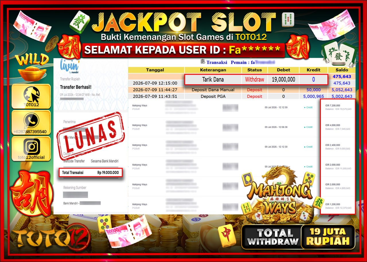 HANYA DI TOTO12 JP PASTI DI BAYAR LUNAS DAN CEPAT!!!!!! JACKPOT SLOT GAME (MAHJONG WAYS) Rp19.000.000!!!!