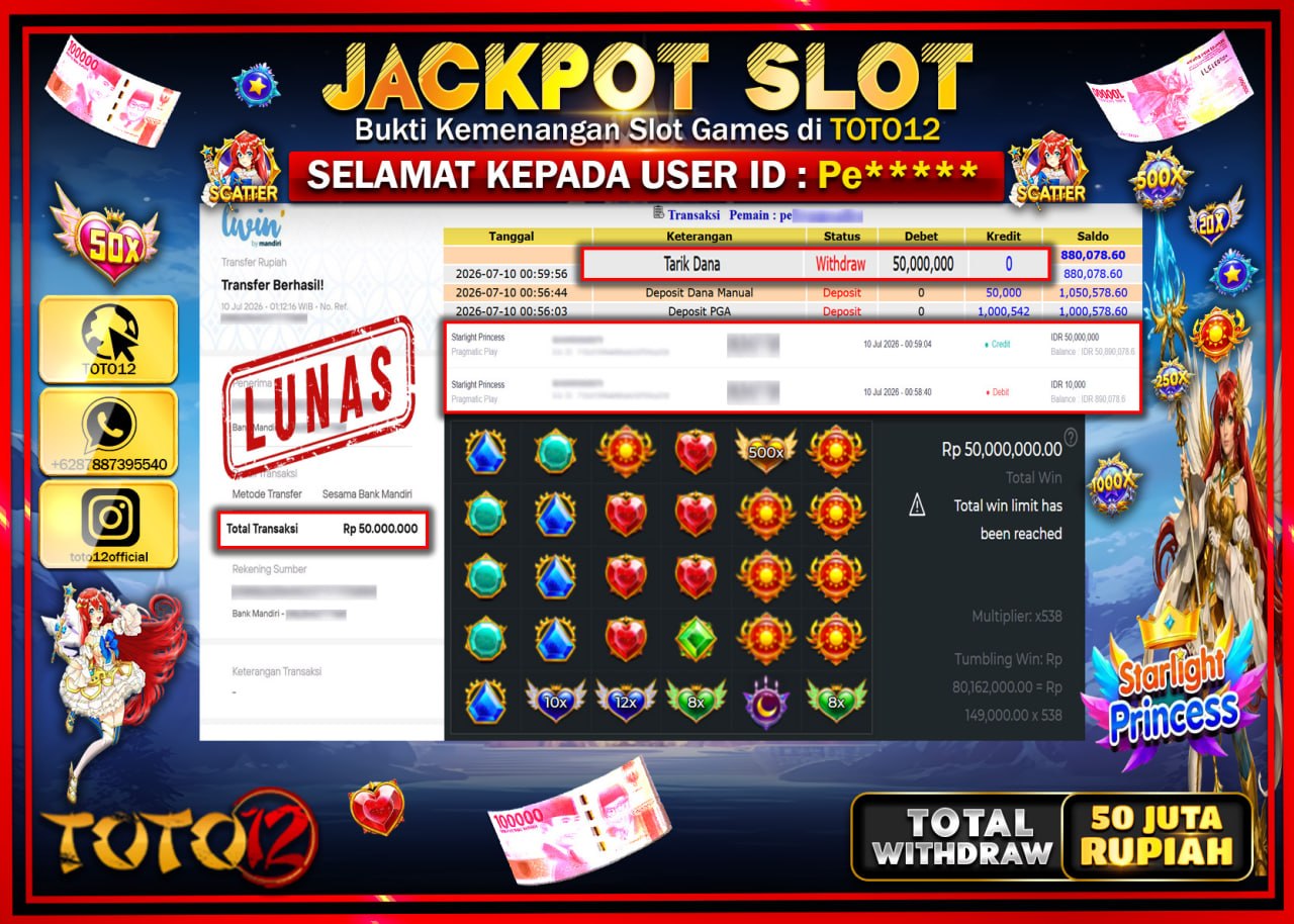 HANYA DI TOTO12 JP PASTI DI BAYAR LUNAS DAN CEPAT!!!!!! JACKPOT SLOT GAME (STARLIGHT PRINCESS) Rp50.000.000!!!!