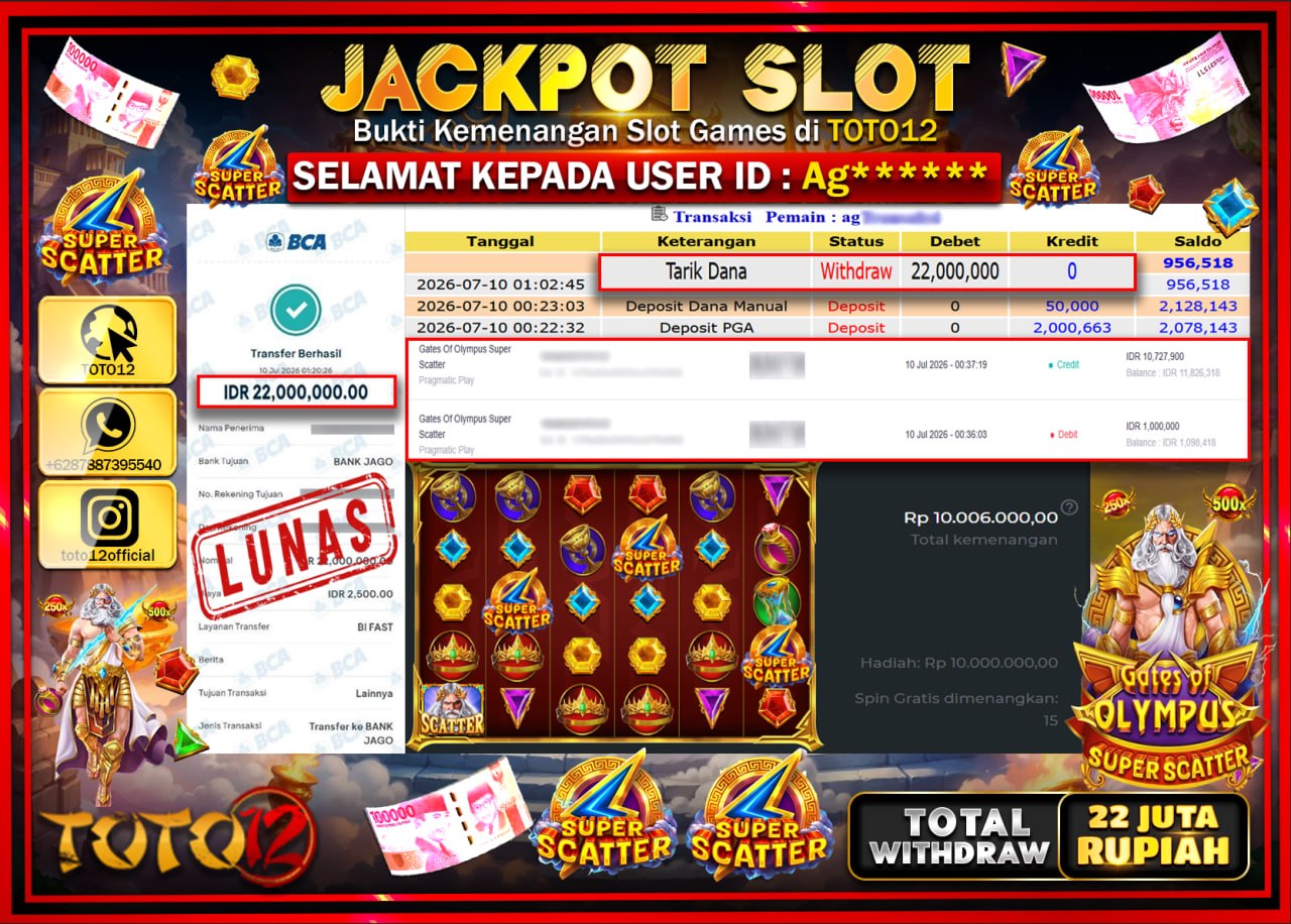 HANYA DI TOTO12 JP PASTI DI BAYAR LUNAS DAN CEPAT!!!!!! JACKPOT SLOT GAME (GATES OF OLYMPUS SUPER SCATTER) Rp22.000.000!!!!