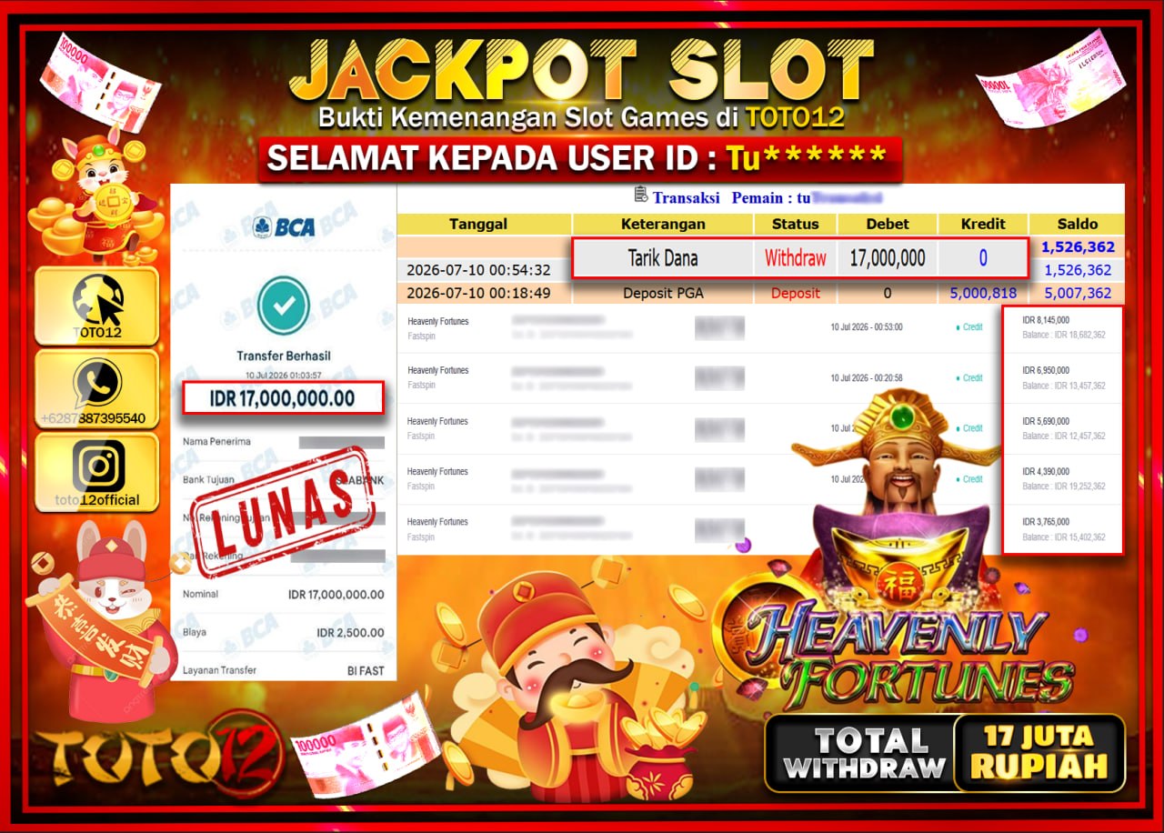HANYA DI TOTO12 JP PASTI DI BAYAR LUNAS DAN CEPAT!!!!!! JACKPOT SLOT GAME (HEAVENLY FORTUNES) Rp17.000.000!!!!