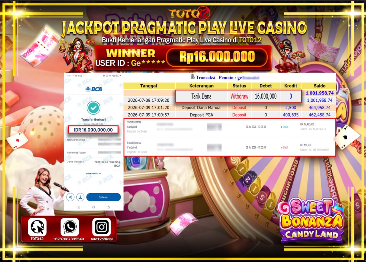 HANYA DI TOTO12 JP PASTI DI BAYAR LUNAS DAN CEPAT!!!!!! JACKPOT PRAGMATIC PLAY LIVE GAME CASINO (SWEEET BONANZA CANDYLAND) Rp16.000.000!!!!