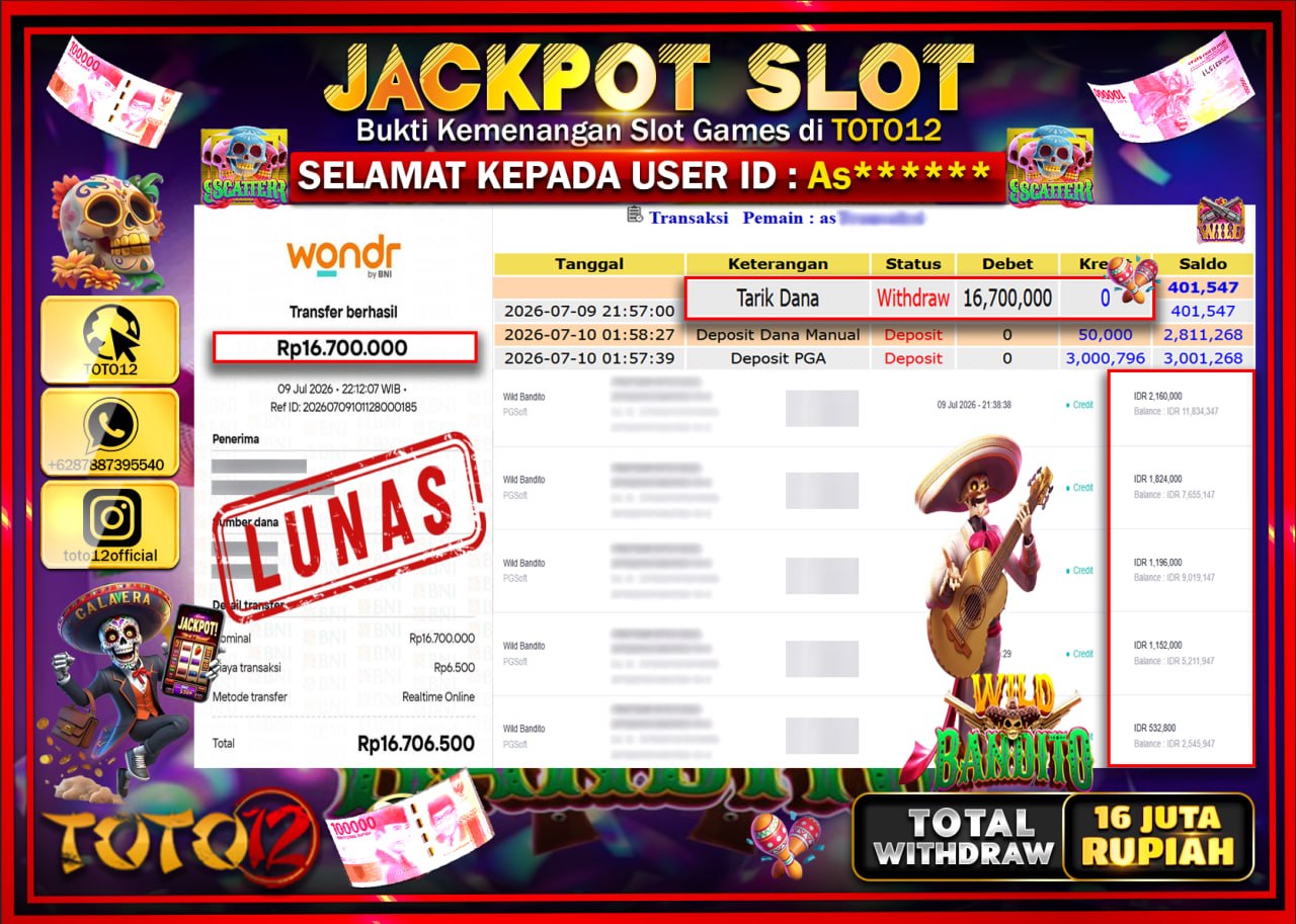 HANYA DI TOTO12 JP PASTI DI BAYAR LUNAS DAN CEPAT!!!!!! JACKPOT SLOT GAME (WILD BANDITO) Rp16.700.000!!!!