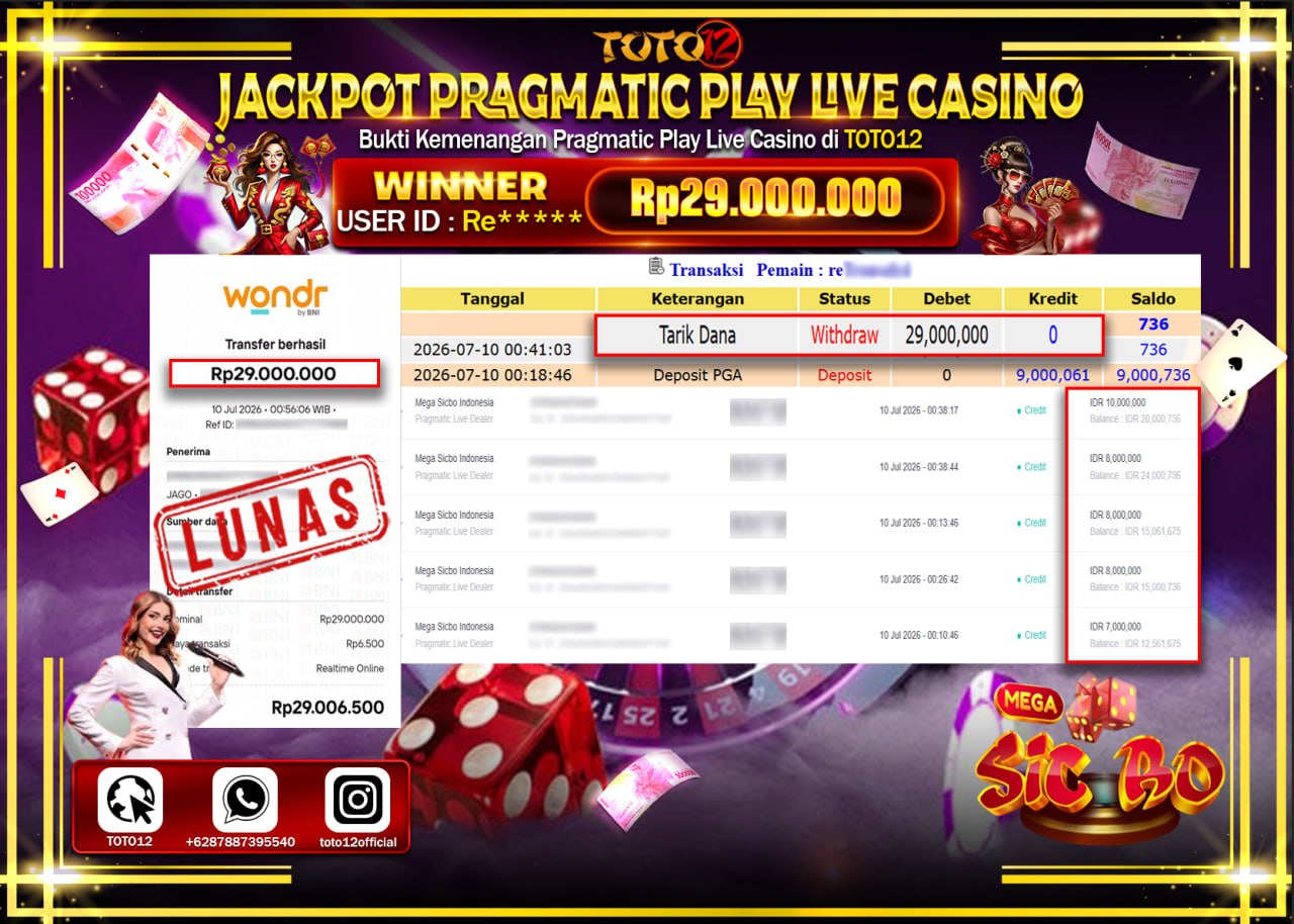 HANYA DI TOTO12 JP PASTI DI BAYAR LUNAS DAN CEPAT!!!!!! JACKPOT SLOT GAME (MEGA SICBO INDONESIA) Rp29.000.000!!!!