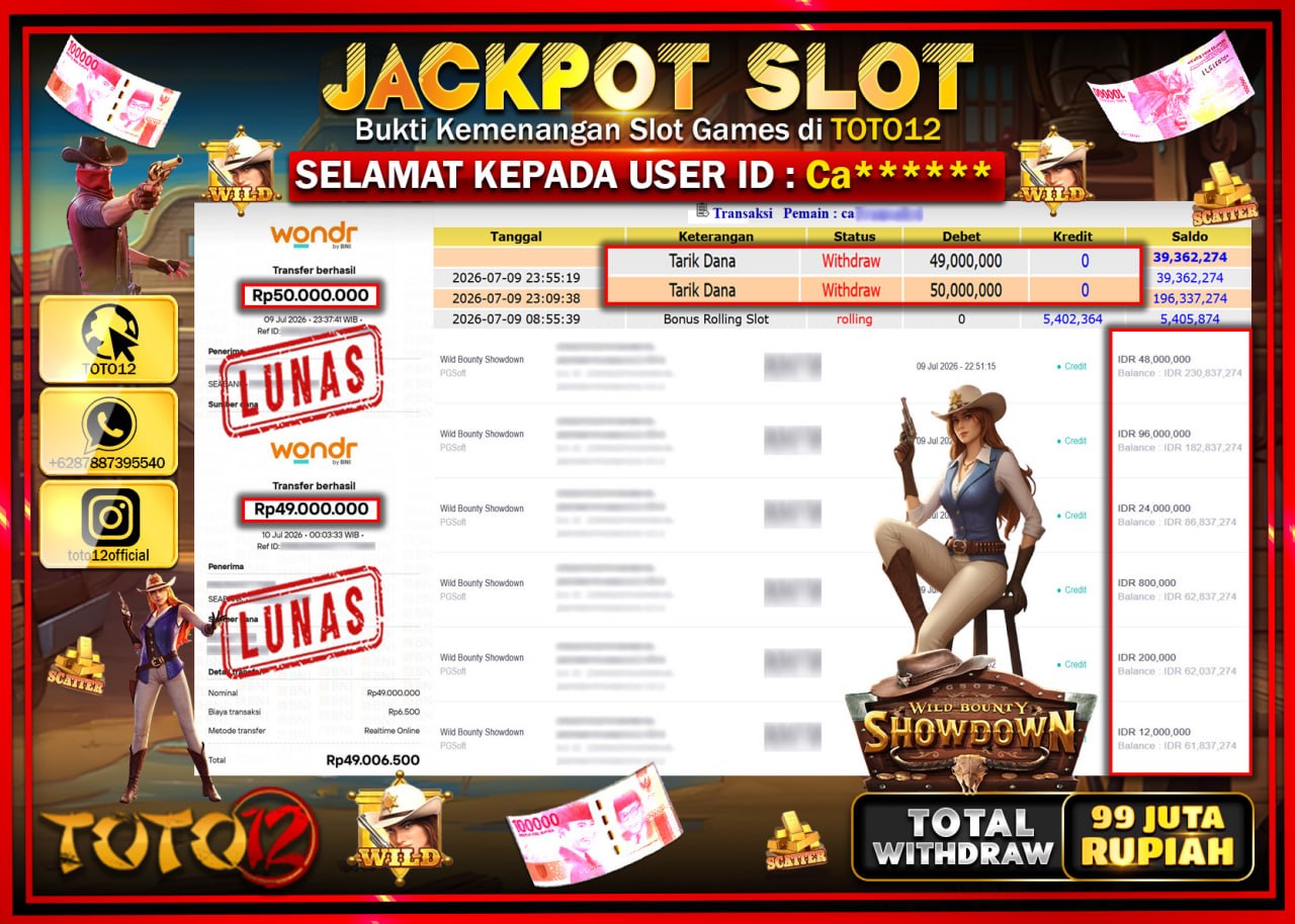 HANYA DI TOTO12 JP PASTI DI BAYAR LUNAS DAN CEPAT!!!!!! JACKPOT SLOT GAME (WILD BOUNTY SHOWDOWN) Rp99.000.000!!!!