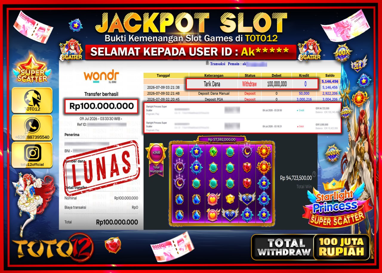 HANYA DI TOTO12 JP PASTI DI BAYAR LUNAS DAN CEPAT!!!!!! JACKPOT SLOT GAME (STARLIGHT PRINCESS SUPER SCATTER) Rp100.000.000!!!!