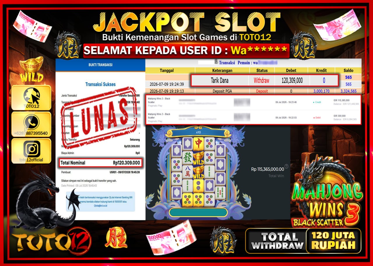 HANYA DI TOTO12 JP PASTI DI BAYAR LUNAS DAN CEPAT!!!!!! JACKPOT SLOT GAME (MAHJONG WINS 3 BLACK SCATTER) Rp120.309.000!!!!