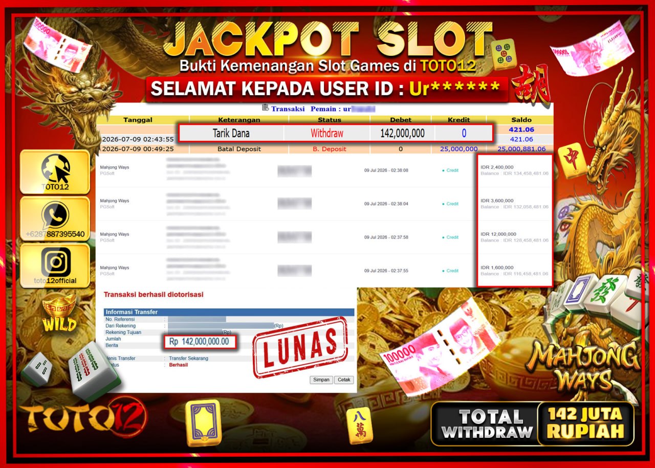 HANYA DI TOTO12 JP PASTI DI BAYAR LUNAS DAN CEPAT!!!!!! JACKPOT SLOT GAME (MAHJONG WAYS) Rp142.000.000!!!!