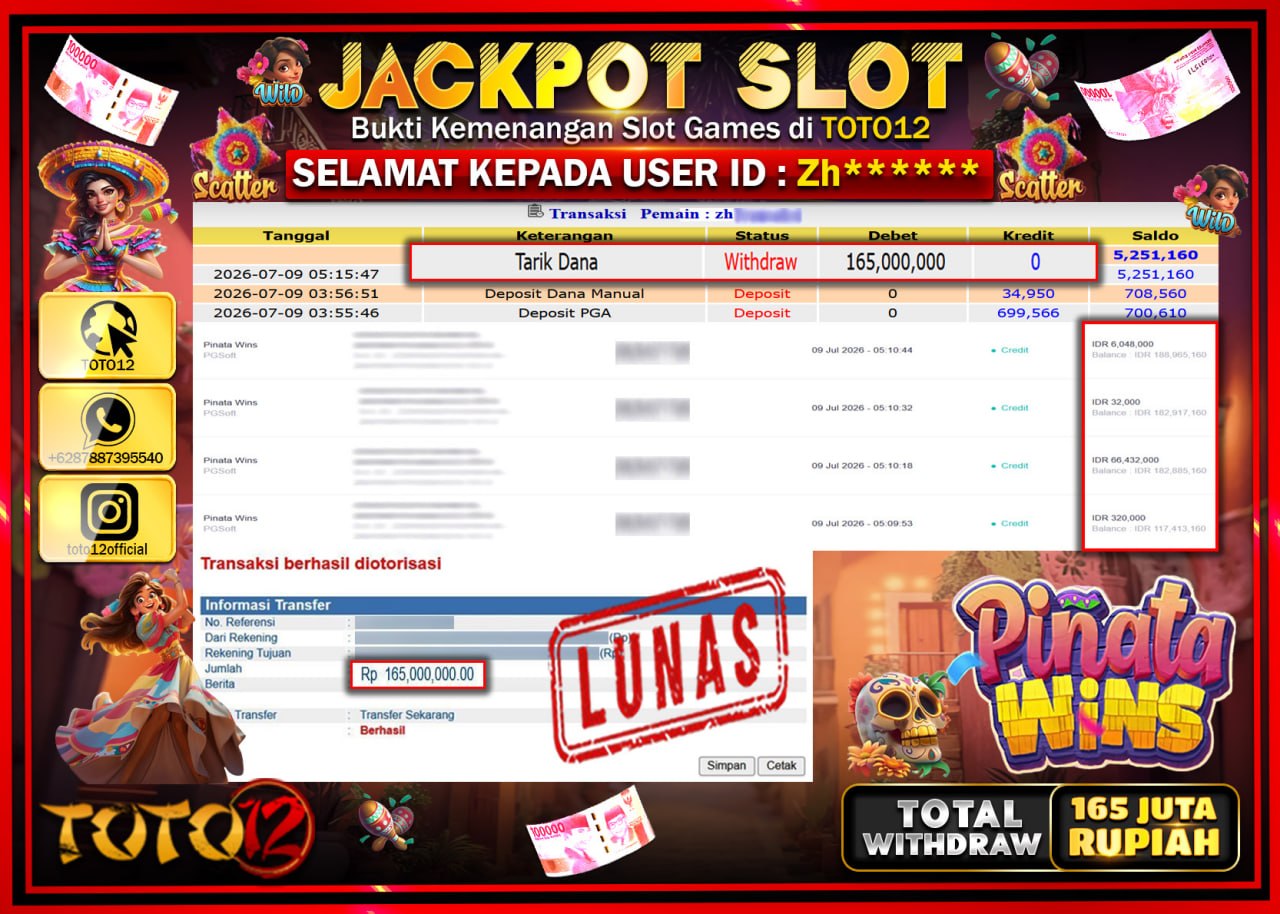 HANYA DI TOTO12 JP PASTI DI BAYAR LUNAS DAN CEPAT!!!!!! JACKPOT SLOT GAME (PINATA WINS) Rp165.000.000!!!!