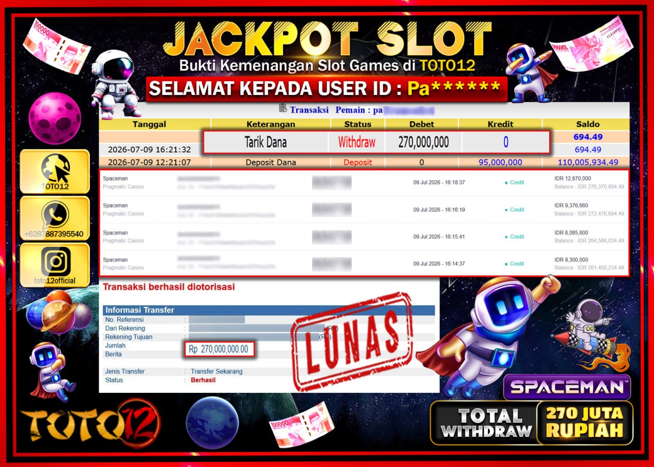 HANYA DI TOTO12 JP PASTI DI BAYAR LUNAS DAN CEPAT!!!!!! JACKPOT SLOT GAME (SPACEMAN) Rp270.000.000!!!!