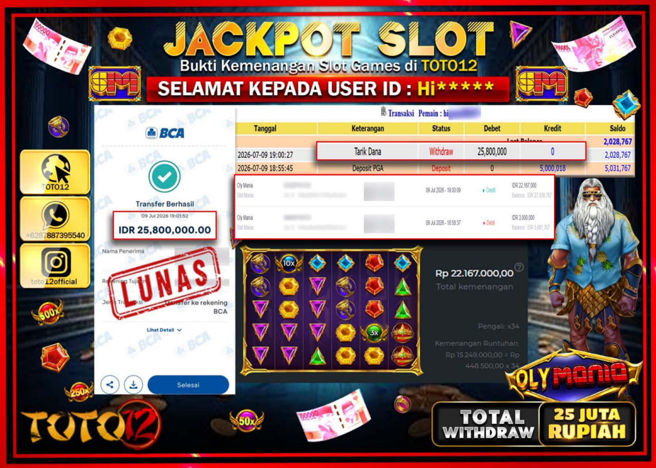 HANYA DI TOTO12 JP PASTI DI BAYAR LUNAS DAN CEPAT!!!!!! JACKPOT SLOT GAME (OLY MANIA) Rp25.800.000!!!!
