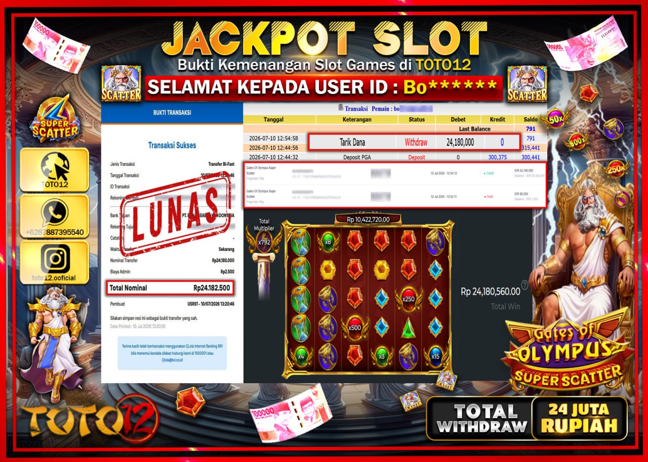 HANYA DI TOTO12 JP PASTI DI BAYAR LUNAS DAN CEPAT!!!!!! JACKPOT SLOT GAME (GATES OF OLYMPUS SUPER SCATTER) Rp24.180.000!!!!