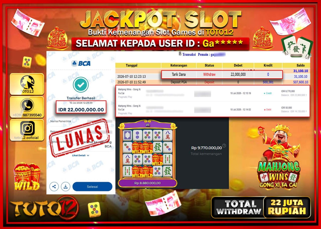 HANYA DI TOTO12 JP PASTI DI BAYAR LUNAS DAN CEPAT!!!!!! JACKPOT SLOT GAME (MAHJONG WINS GONG XI FA CAI) Rp22.000.000!!!!
