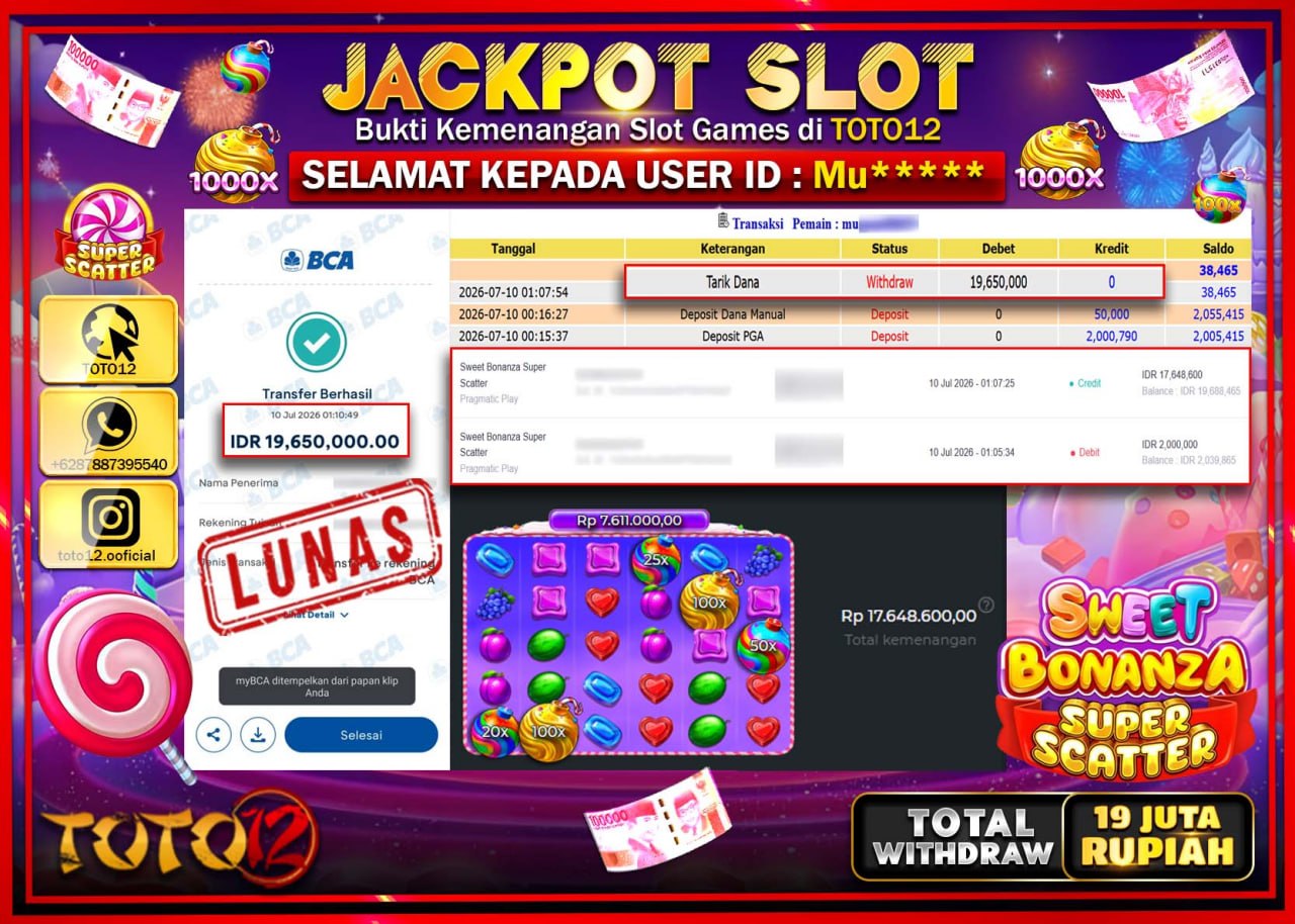 HANYA DI TOTO12 JP PASTI DI BAYAR LUNAS DAN CEPAT!!!!!! JACKPOT SLOT GAME (SWEET BONANZA SUPER SCATTER) Rp19.650.000!!!!