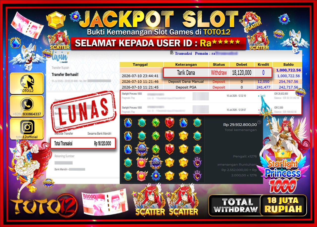 HANYA DI TOTO12 JP PASTI DI BAYAR LUNAS DAN CEPAT!!!!!! JACKPOT SLOT GAME (STARLIGHT PRINCESS 1000) Rp18.120.000!!!!