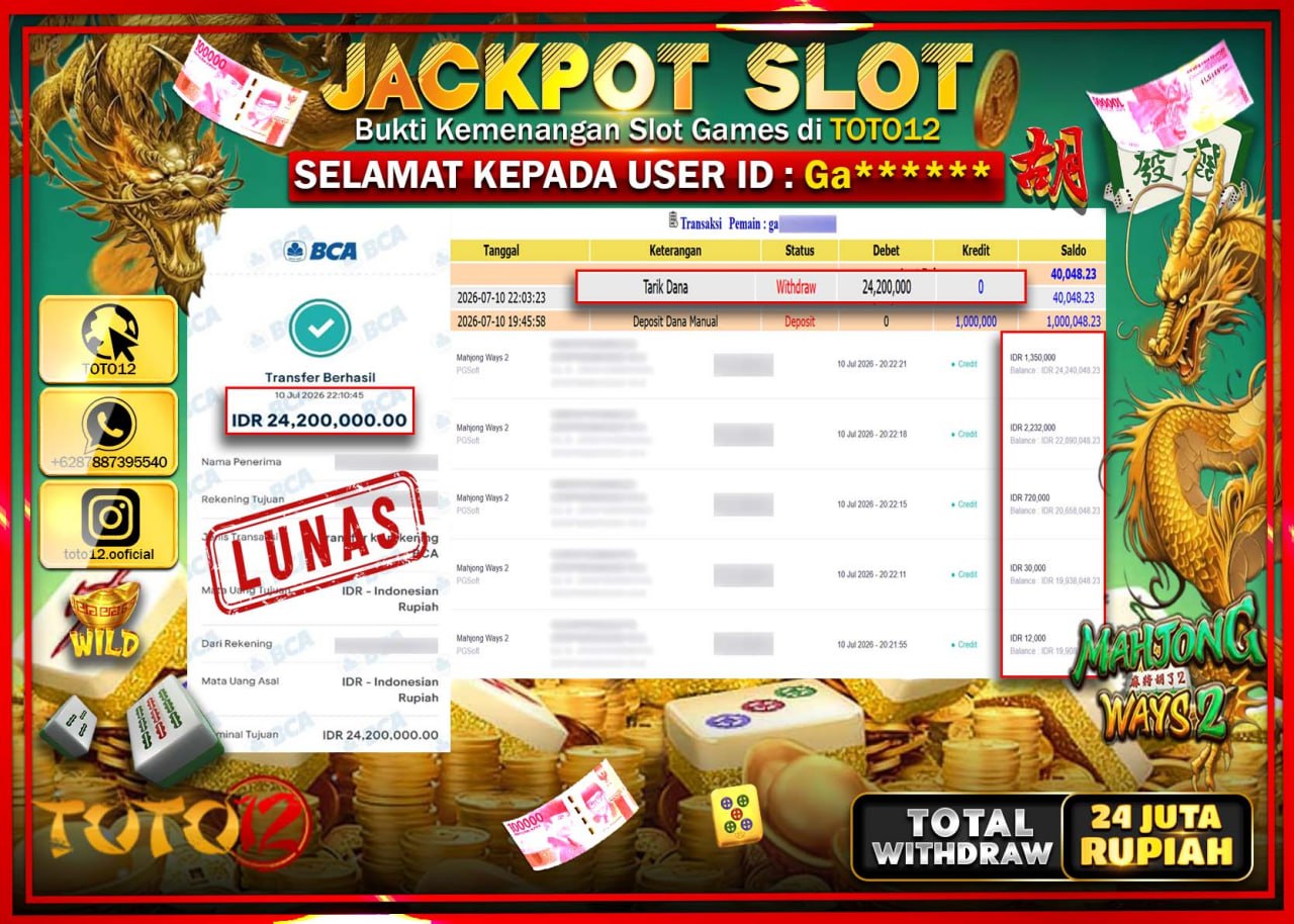 HANYA DI TOTO12 JP PASTI DI BAYAR LUNAS DAN CEPAT!!!!!! JACKPOT SLOT GAME (MAHJONG WAYS 2) Rp24.200.000!!!!