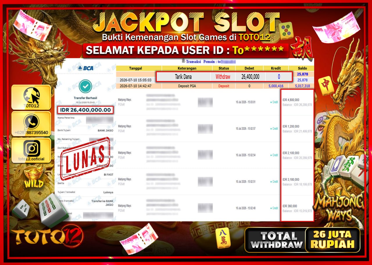 HANYA DI TOTO12 JP PASTI DI BAYAR LUNAS DAN CEPAT!!!!!! JACKPOT SLOT GAME (MAHJONG WAYS) Rp26.400.000!!!!
