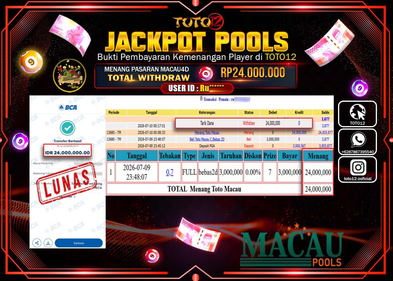 HANYA DI TOTO12 JP PASTI DI BAYAR LUNAS DAN CEPAT!!!!!! JACKPOT POOLS PASARAN (MACAU 4D) Rp24.000.000!!!!