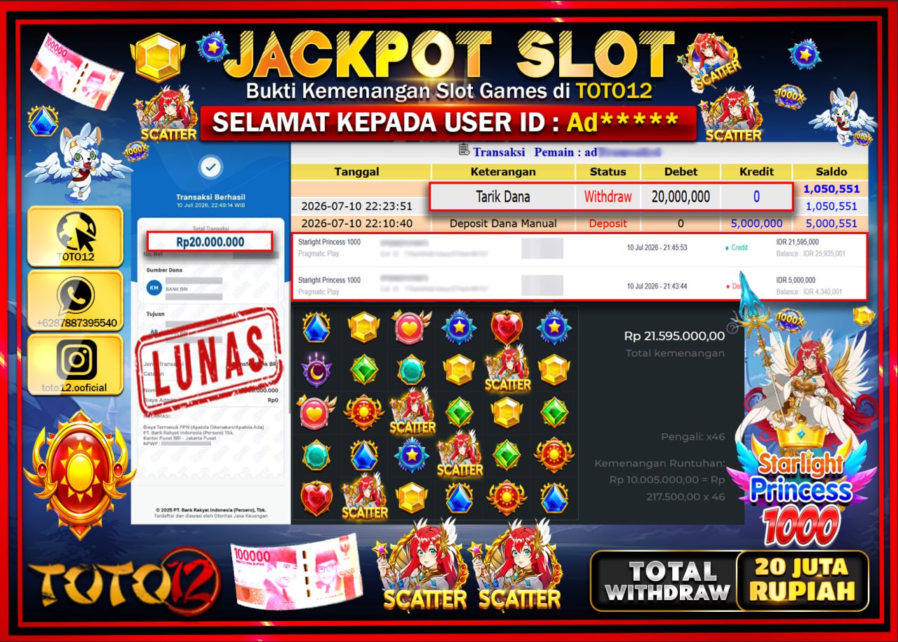 HANYA DI TOTO12 JP PASTI DI BAYAR LUNAS DAN CEPAT!!!!!! JACKPOT SLOT GAME (STARLIGHT PRINCESS 1000) Rp20.000.000!!!!