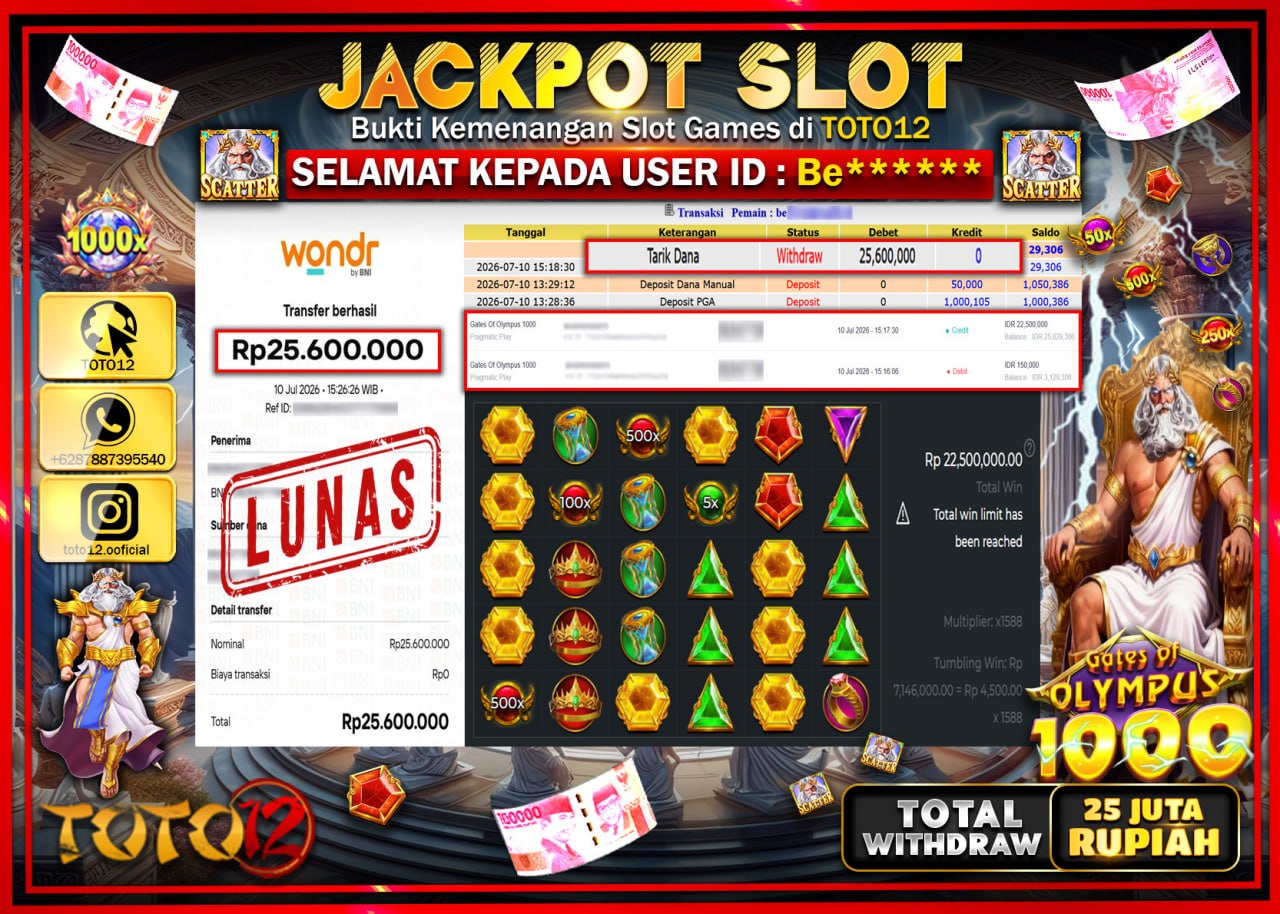 HANYA DI TOTO12 JP PASTI DI BAYAR LUNAS DAN CEPAT!!!!!! JACKPOT SLOT GAME (GATES OF OLYMPUS 1000) Rp25.600.000!!!!