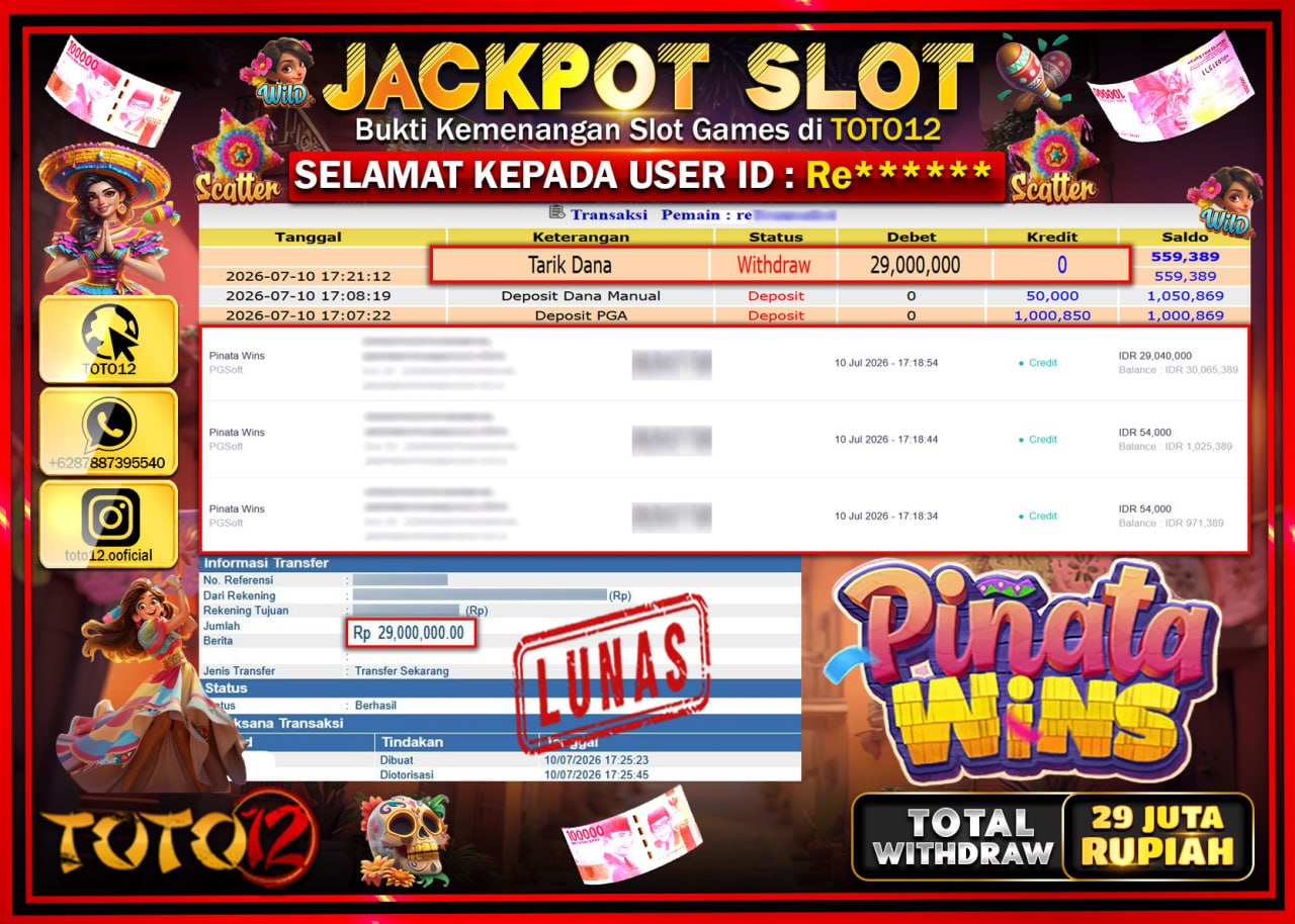 HANYA DI TOTO12 JP PASTI DI BAYAR LUNAS DAN CEPAT!!!!!! JACKPOT SLOT GAME (PINATA WINS) Rp29.000.000!!!!