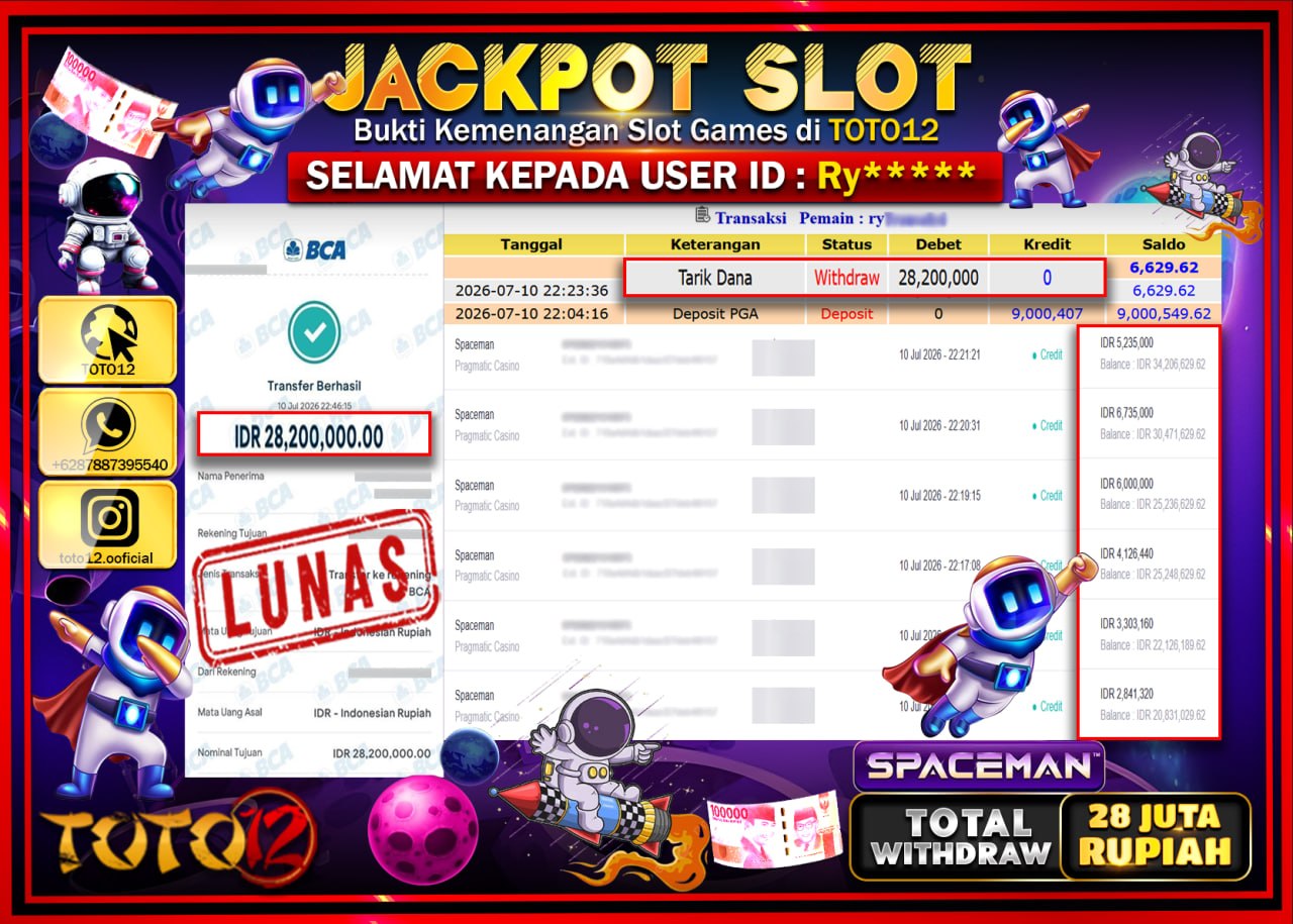HANYA DI TOTO12 JP PASTI DI BAYAR LUNAS DAN CEPAT!!!!!! JACKPOT SLOT GAME (SPACEMAN) Rp28.200.000!!!!