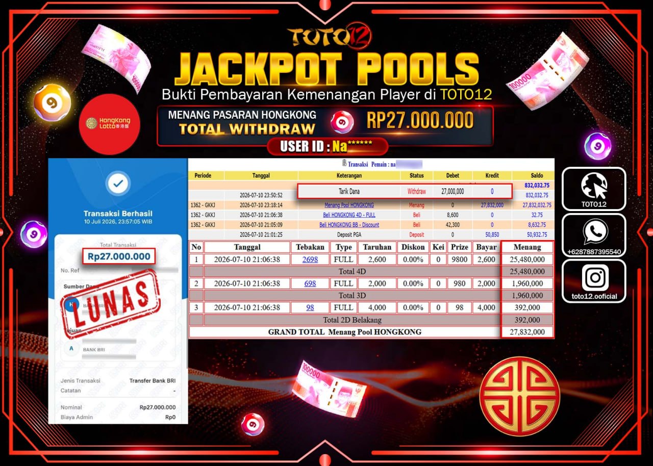 HANYA DI TOTO12 JP PASTI DI BAYAR LUNAS DAN CEPAT!!!!!! JACKPOT POOLS PASARAN (HONGKONG) Rp27.000.000!!!!