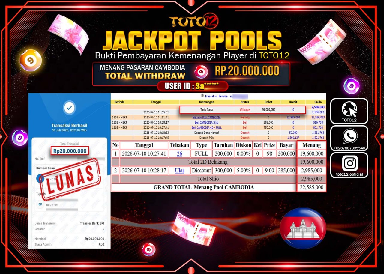 HANYA DI TOTO12 JP PASTI DI BAYAR LUNAS DAN CEPAT!!!!!! JACKPOT POOLS PASARAN (CAMBODIA) Rp20.000.000!!!!