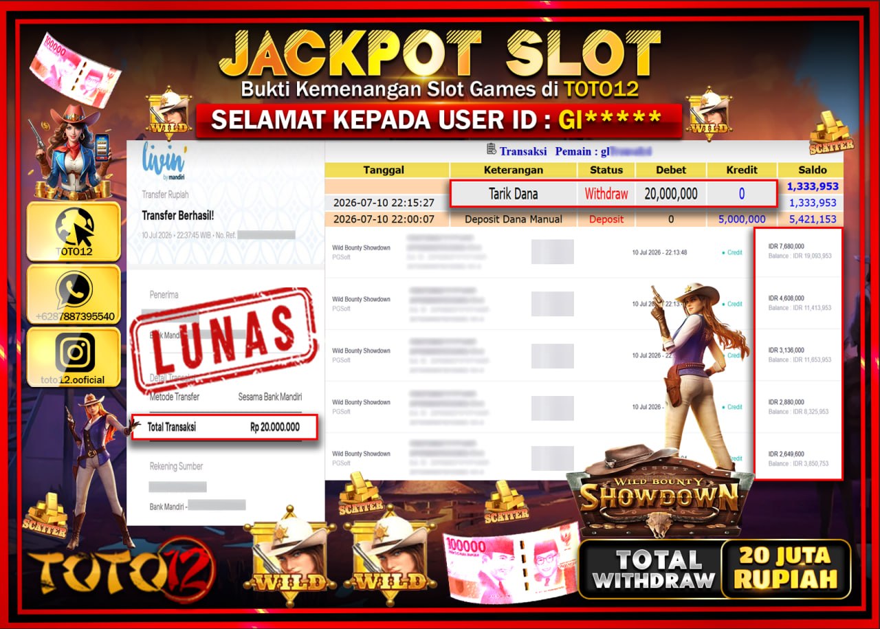 HANYA DI TOTO12 JP PASTI DI BAYAR LUNAS DAN CEPAT!!!!!! JACKPOT SLOT GAME (WILD BOUNTY SHOWDOWN) Rp20.000.000!!!!