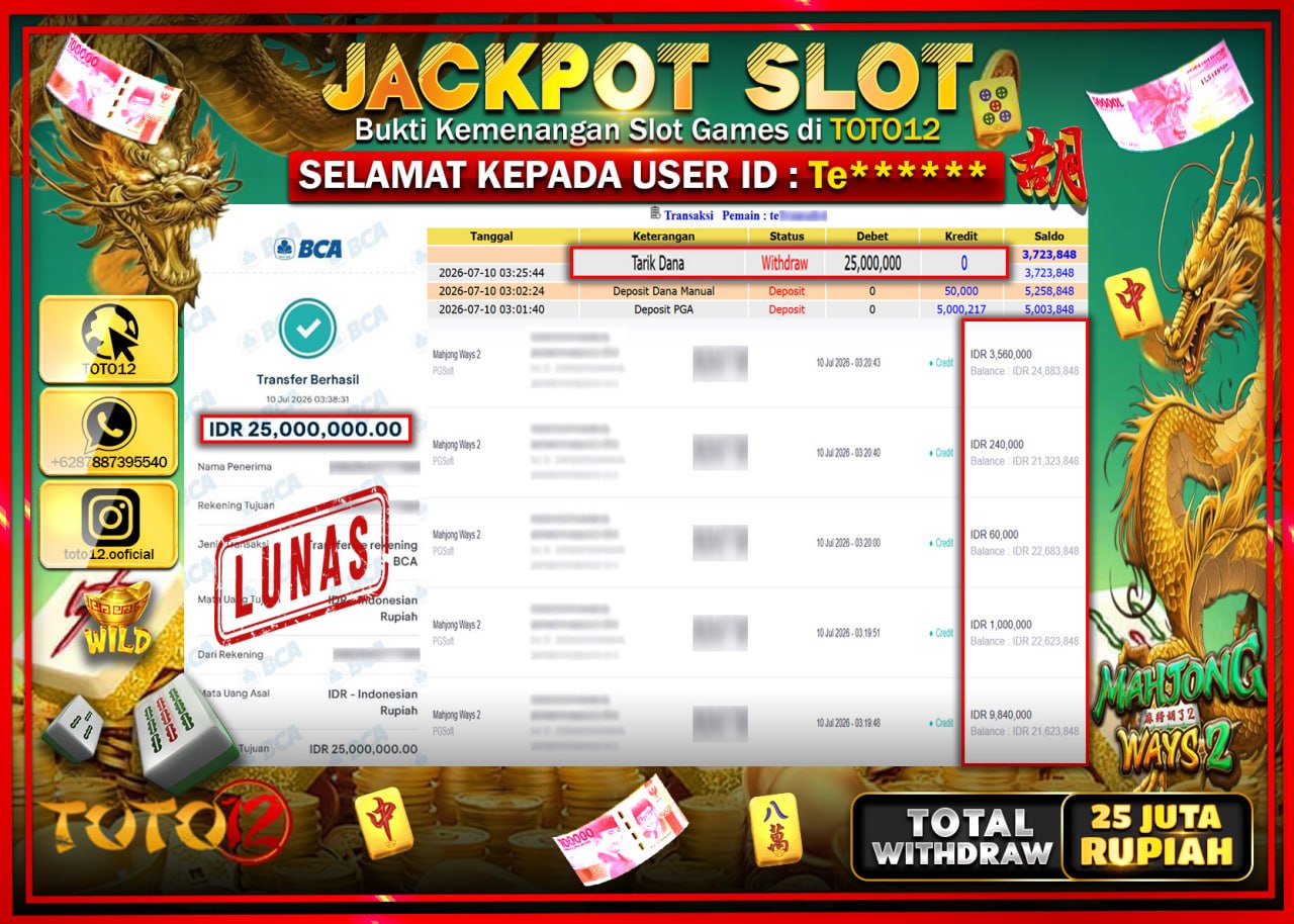 HANYA DI TOTO12 JP PASTI DI BAYAR LUNAS DAN CEPAT!!!!!! JACKPOT SLOT GAME (MAHJONG WAYS 2) Rp25.000.000!!!!