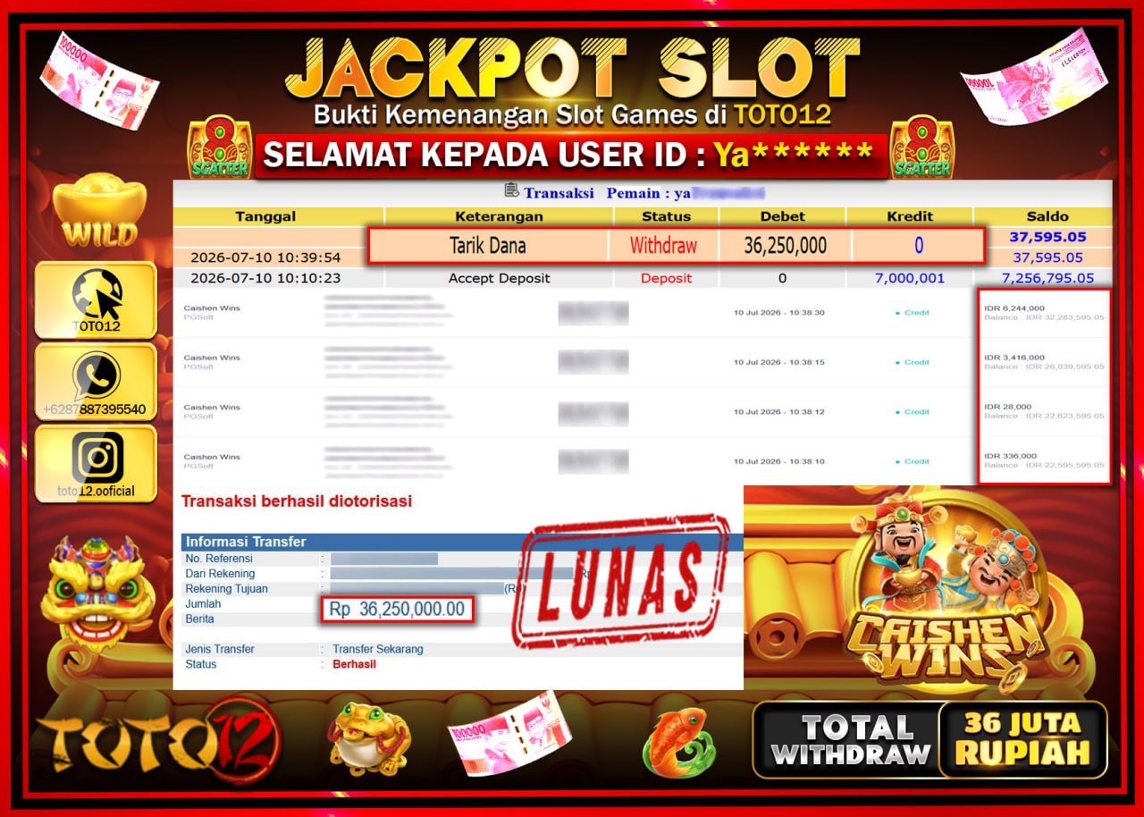 HANYA DI TOTO12 JP PASTI DI BAYAR LUNAS DAN CEPAT!!!!!! JACKPOT SLOT GAME (CAISHEN WINS) Rp36.250.000!!!!