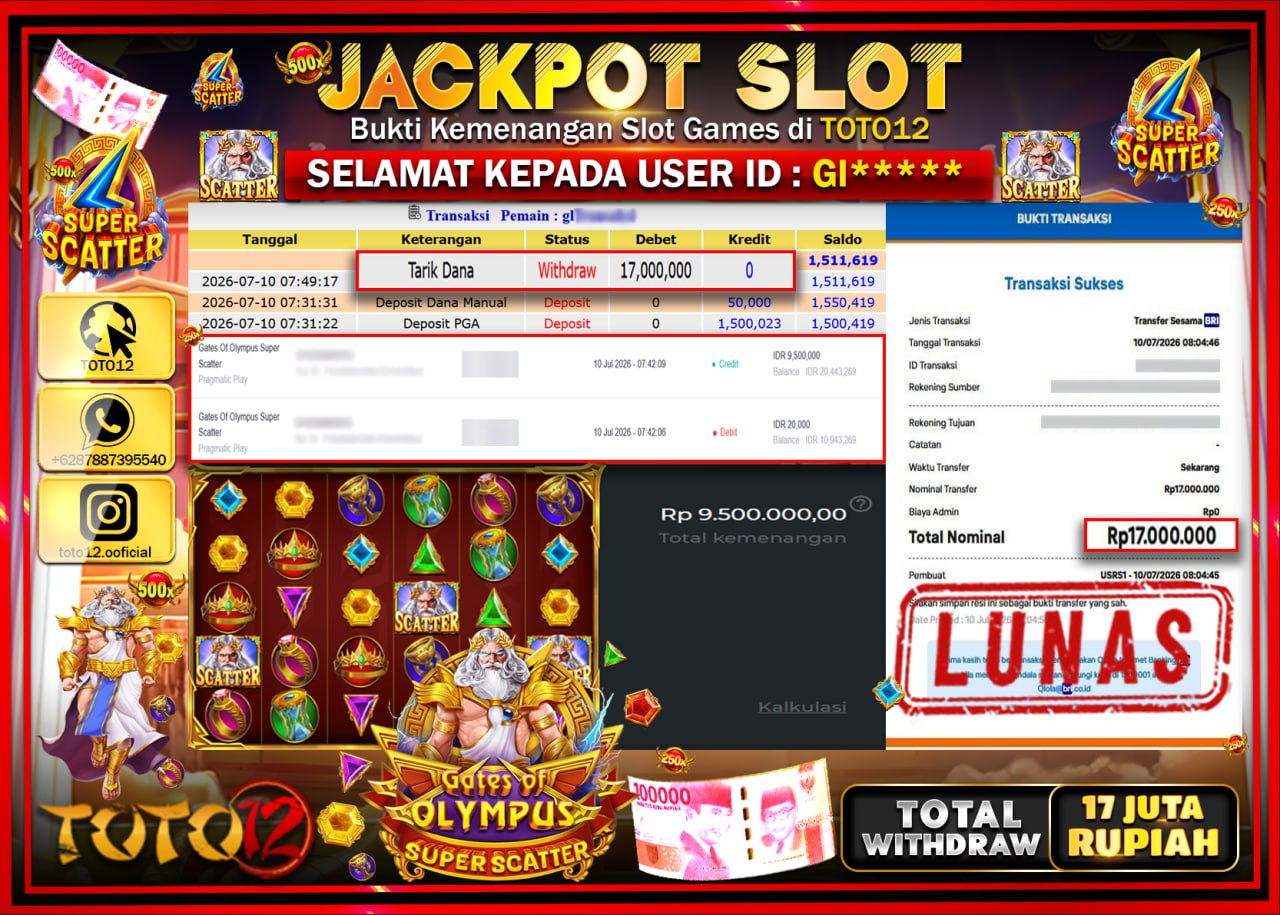 HANYA DI TOTO12 JP PASTI DI BAYAR LUNAS DAN CEPAT!!!!!! JACKPOT SLOT GAME (GATES OF OLYMPUS SUPER SCATTER) Rp17.000.000!!!!